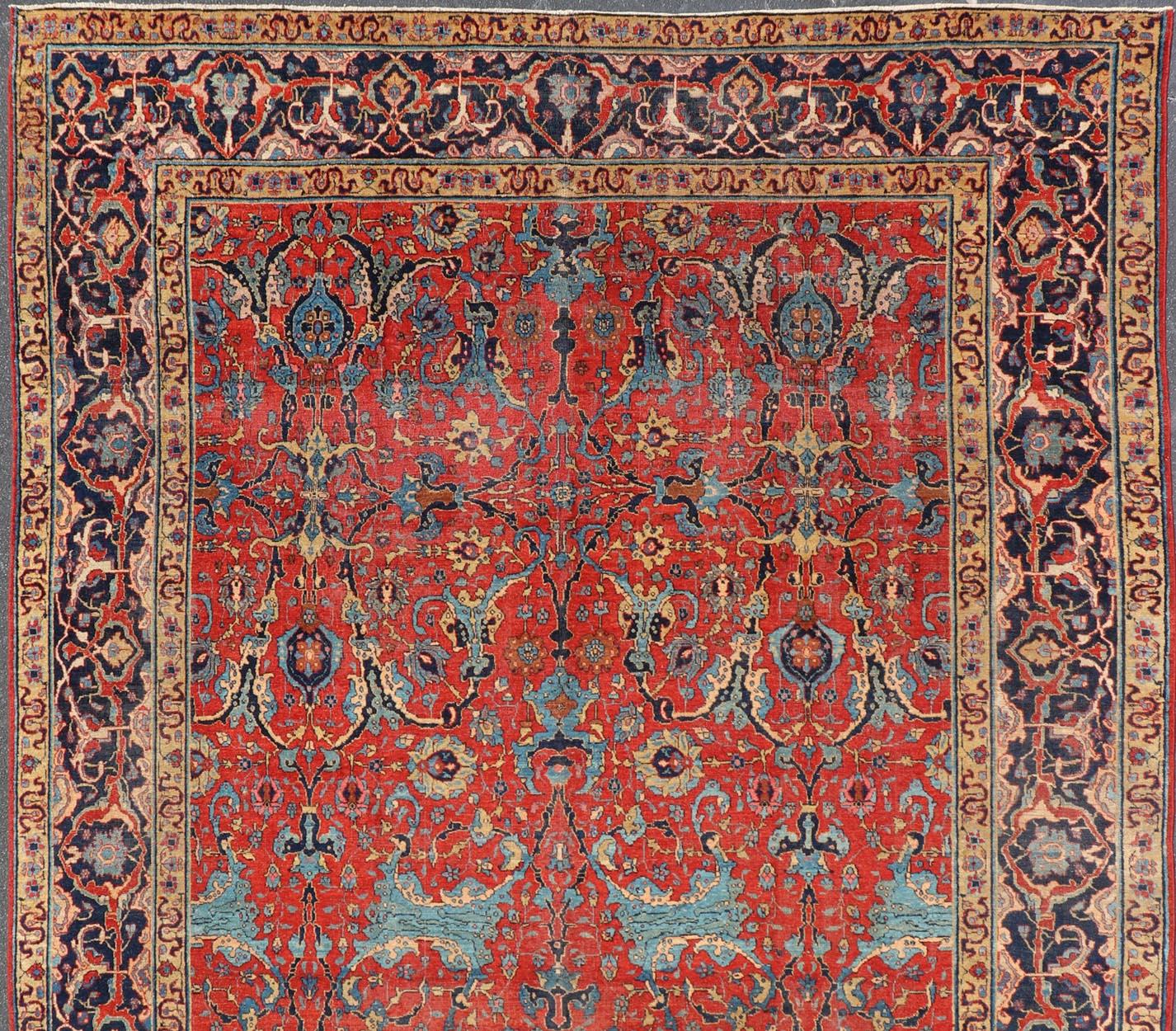 Antique Tabriz Rug with All Over Design in Rust Red, Blue's, Yellow, and L. Blue For Sale 5