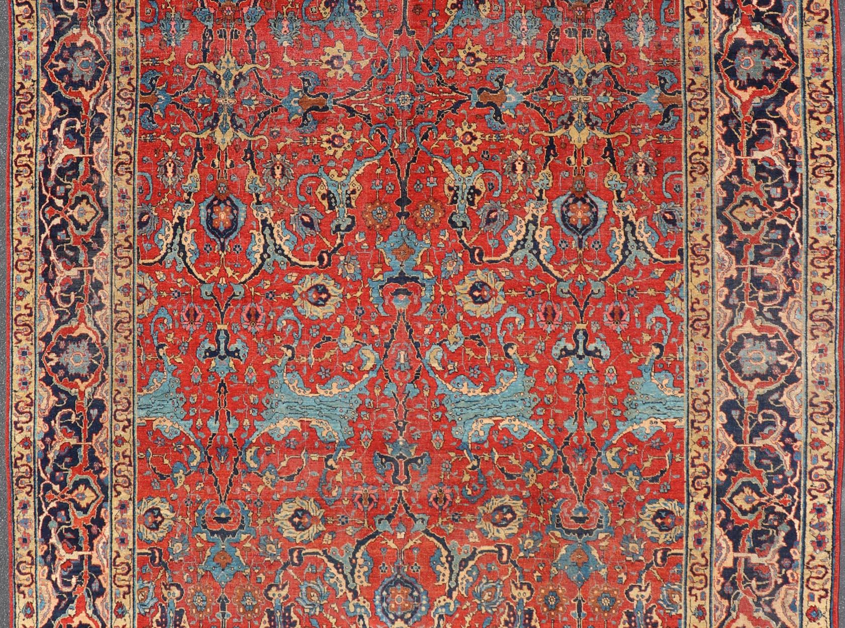 Antique Tabriz Rug with All Over Design in Rust Red, Blue's, Yellow, and L. Blue For Sale 6