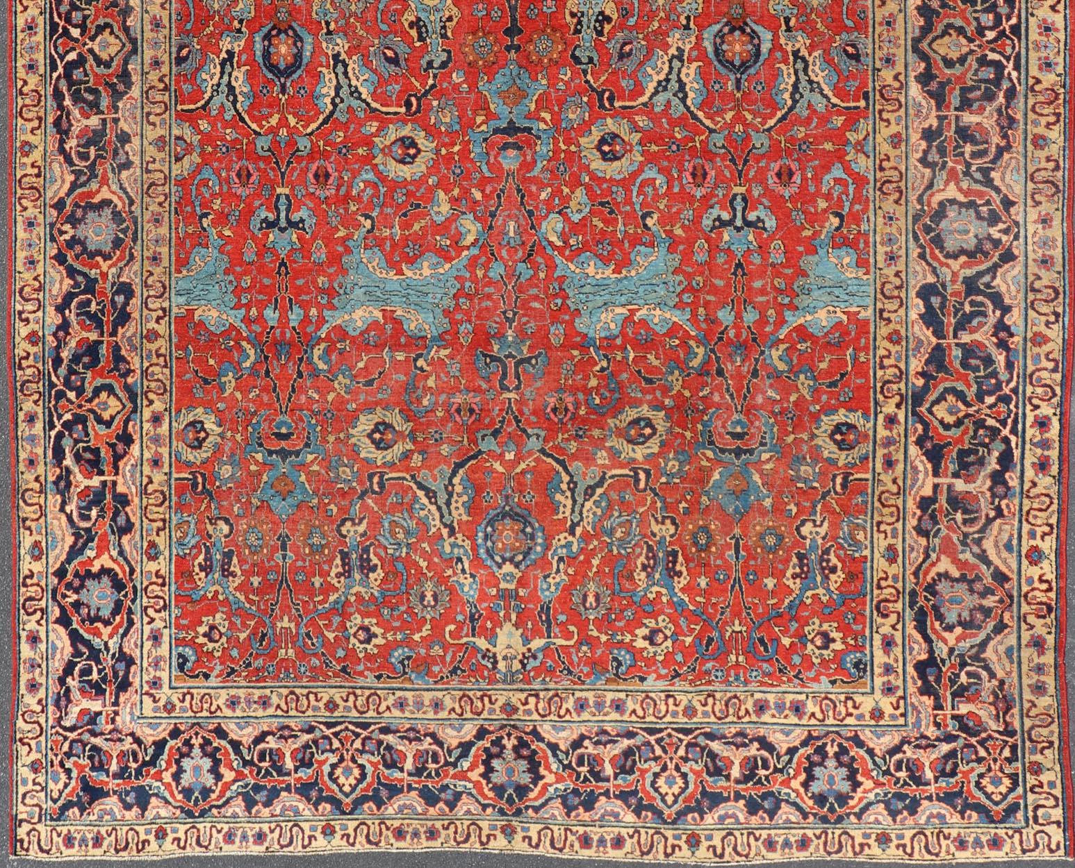 Antique Tabriz Rug with All Over Design in Rust Red, Blue's, Yellow, and L. Blue For Sale 7