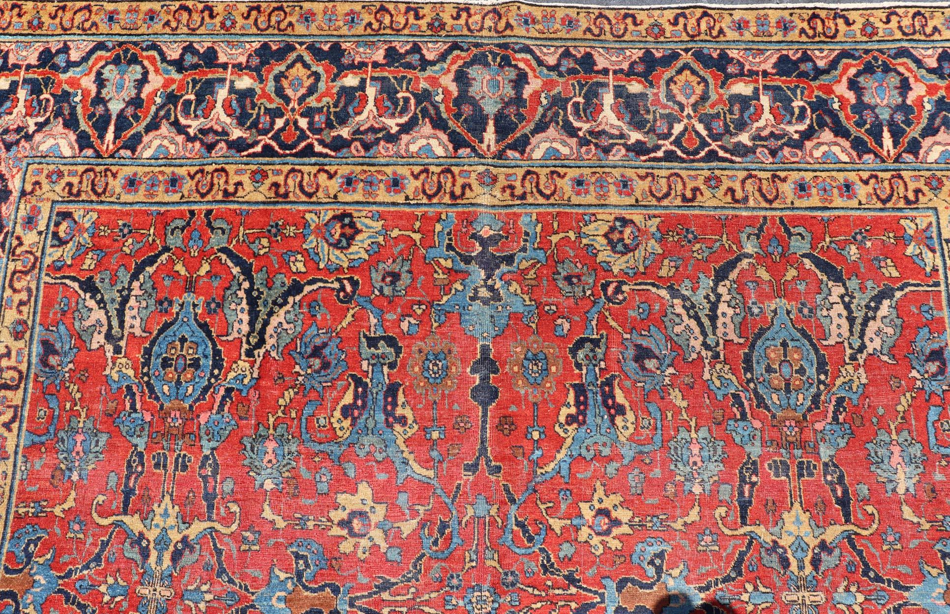 20th Century Antique Tabriz Rug with All Over Design in Rust Red, Blue's, Yellow, and L. Blue For Sale