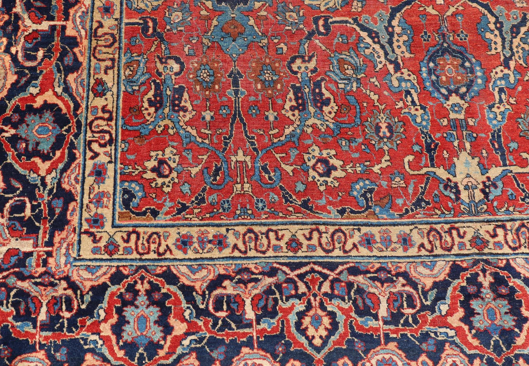 Antique Tabriz Rug with All Over Design in Rust Red, Blue's, Yellow, and L. Blue For Sale 1