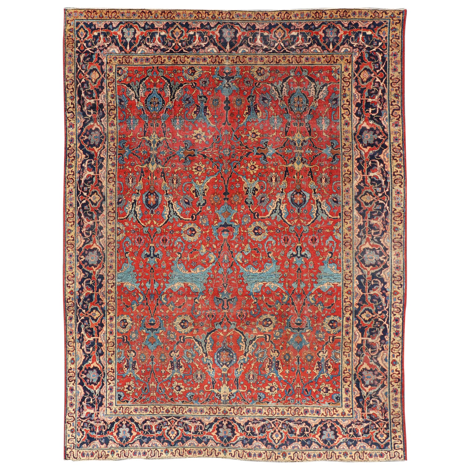 Antique Tabriz Rug with All Over Design in Rust Red, Blue's, Yellow, and L. Blue