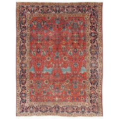 Tappeto Tabriz antico con disegno all over in rosso ruggine, blu marino, oro e blu scuro