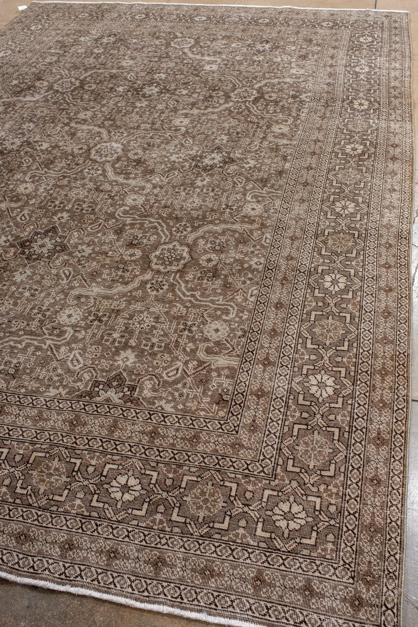 Persian Antique Tabriz Rug with Allover Medallion, Floral Motif in Soft Taupe and Mocha For Sale