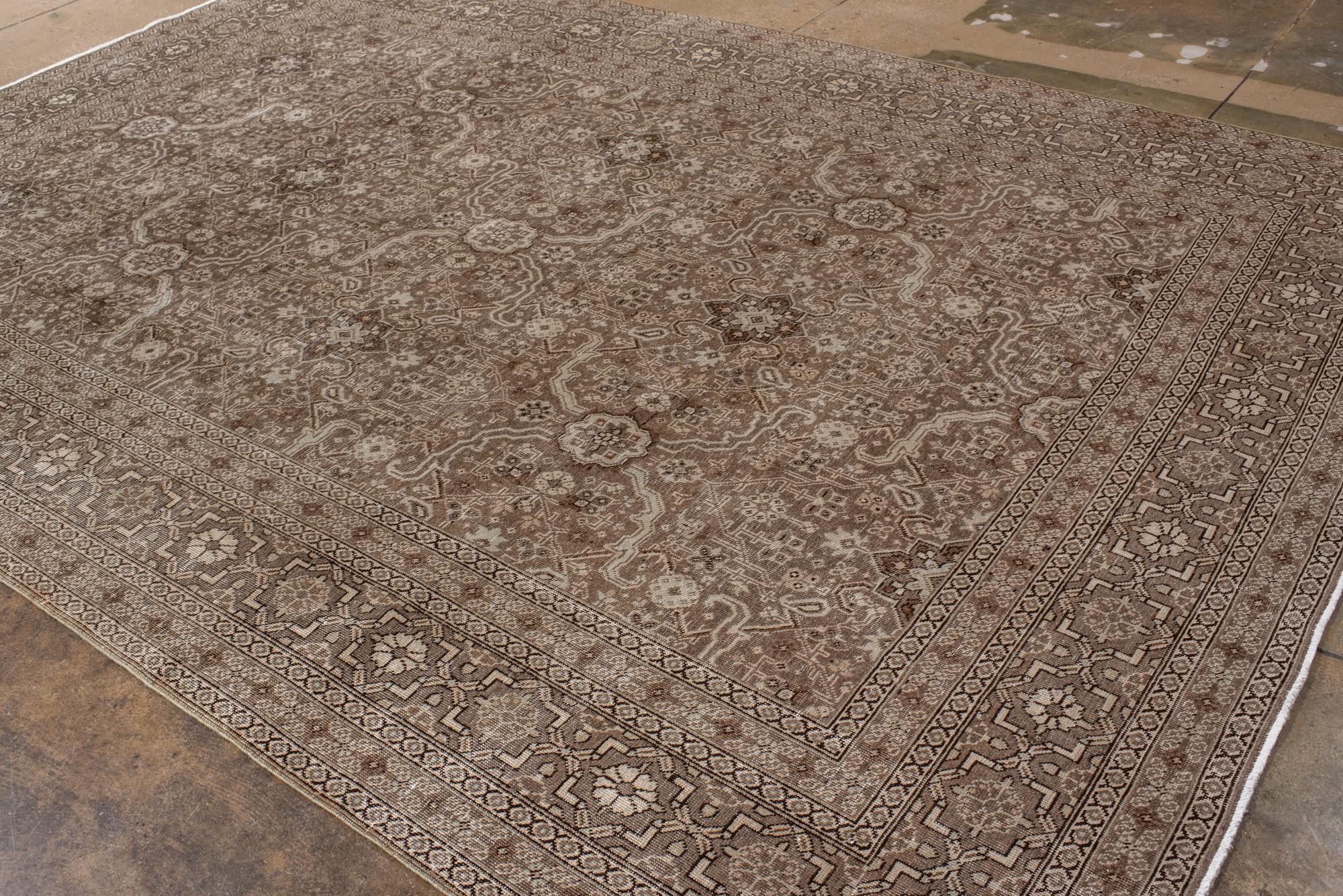 20th Century Antique Tabriz Rug with Allover Medallion, Floral Motif in Soft Taupe and Mocha For Sale