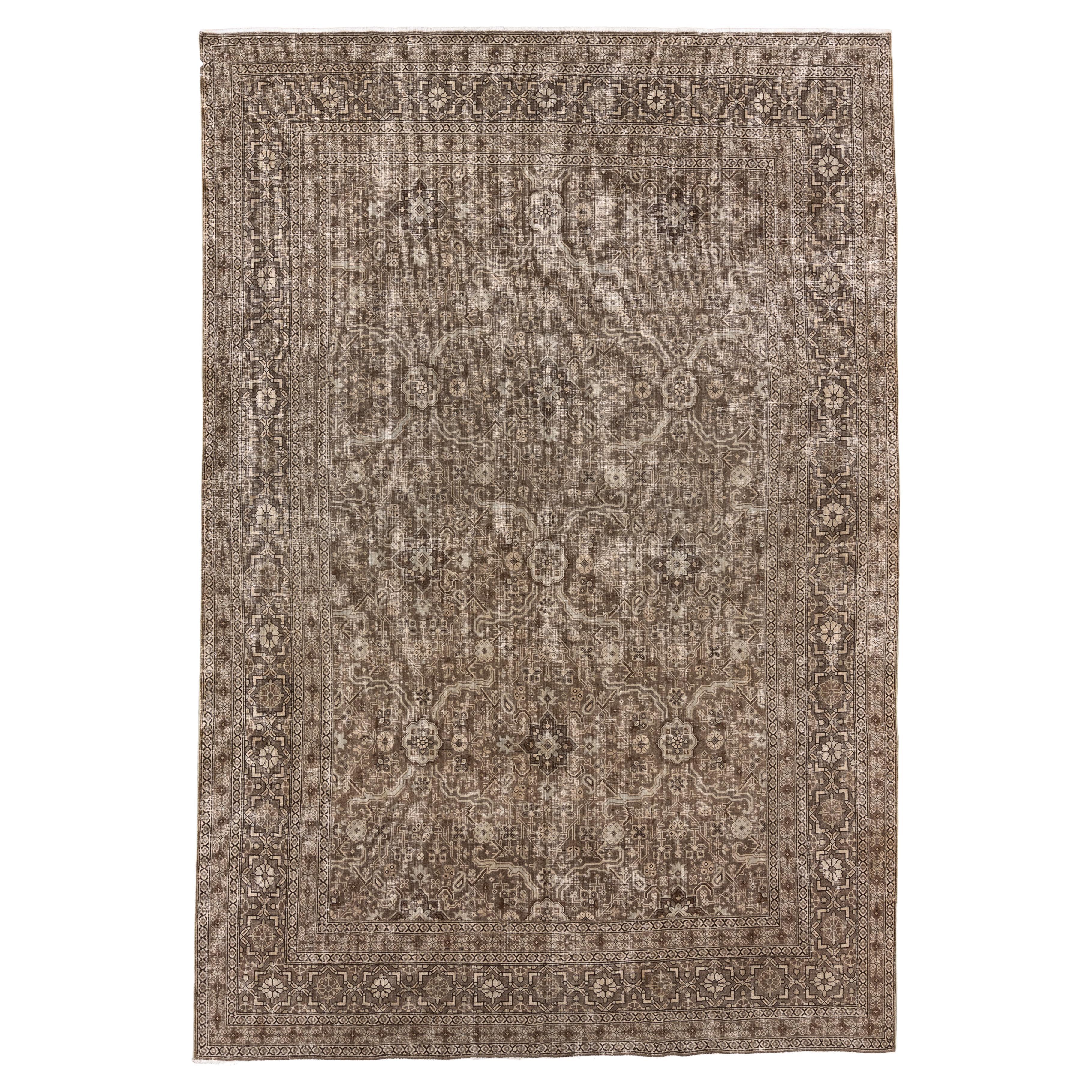 Antique Tabriz Rug with Allover Medallion, Floral Motif in Soft Taupe and Mocha