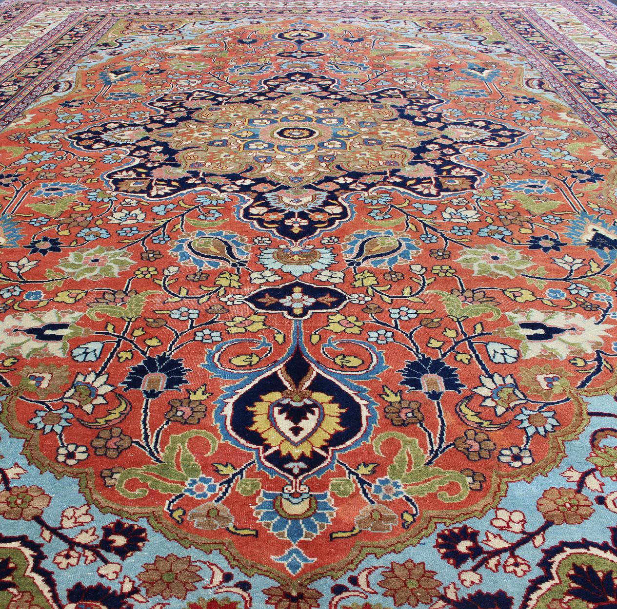 Antique Fine Persian Classic Design Tabriz Rug in Orange, Blue & Multi Colors For Sale 3