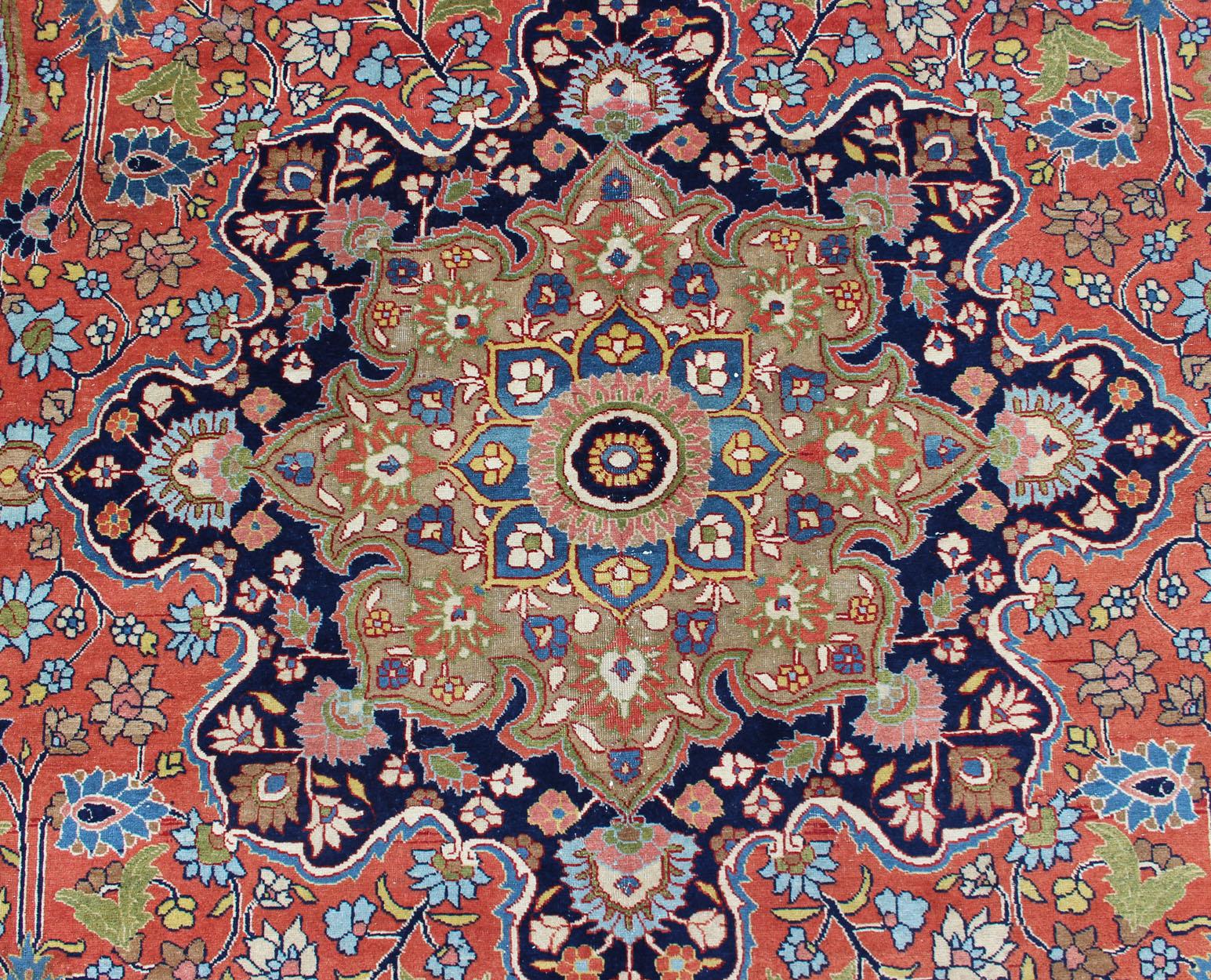 Antique Fine Persian Classic Design Tabriz Rug in Orange, Blue & Multi Colors For Sale 5
