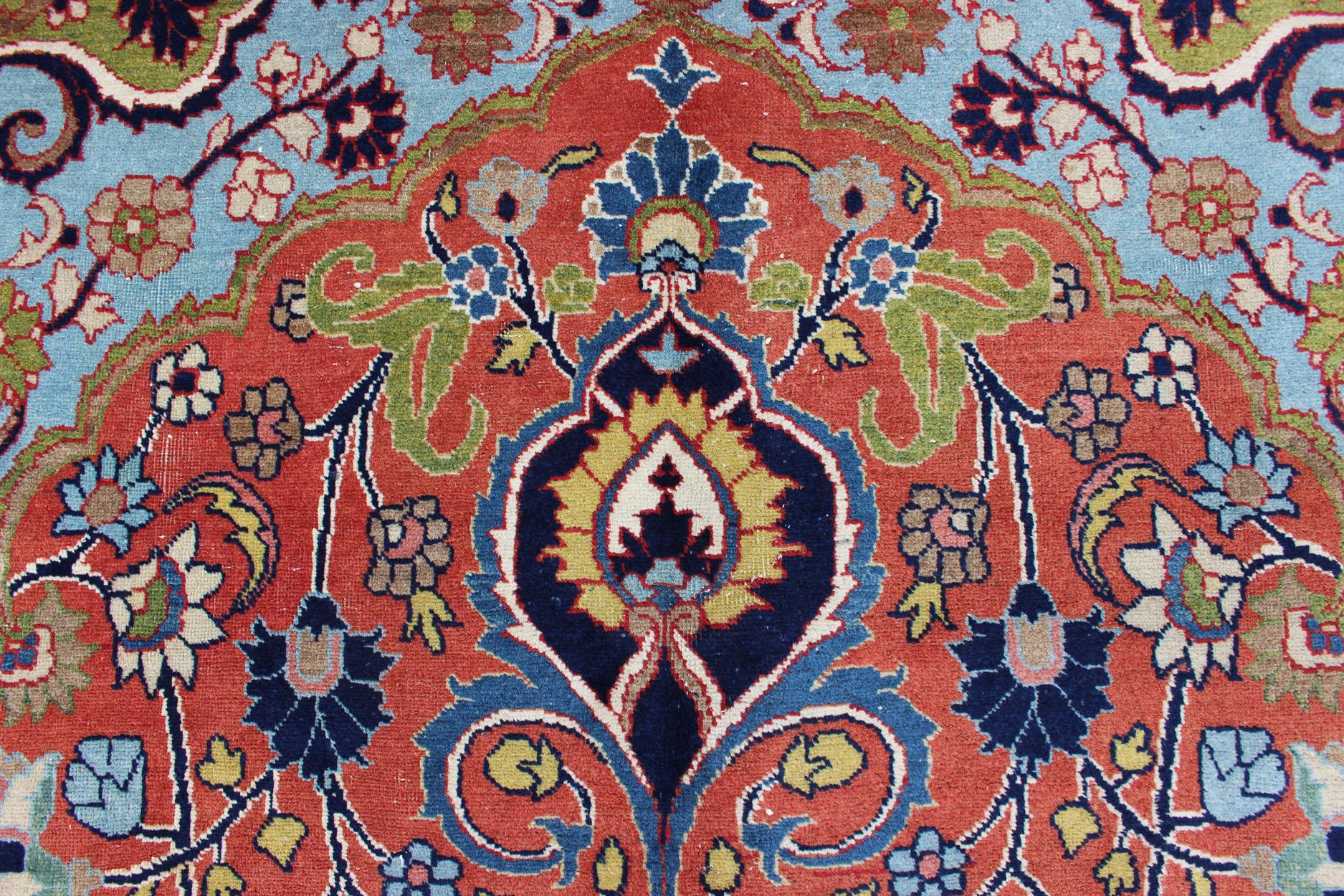 Antique Fine Persian Classic Design Tabriz Rug in Orange, Blue & Multi Colors For Sale 6