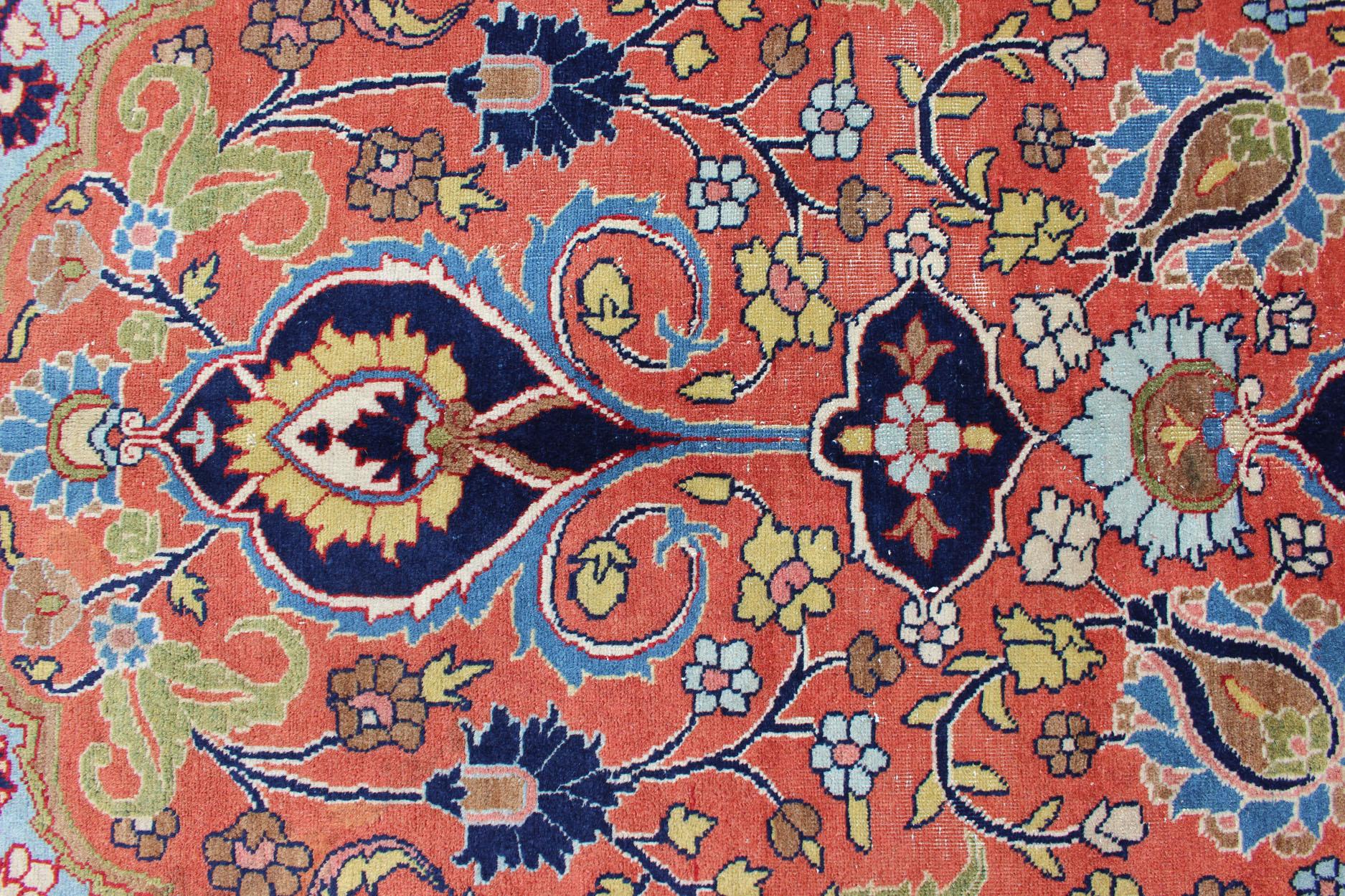 Antique Fine Persian Classic Design Tabriz Rug in Orange, Blue & Multi Colors For Sale 8