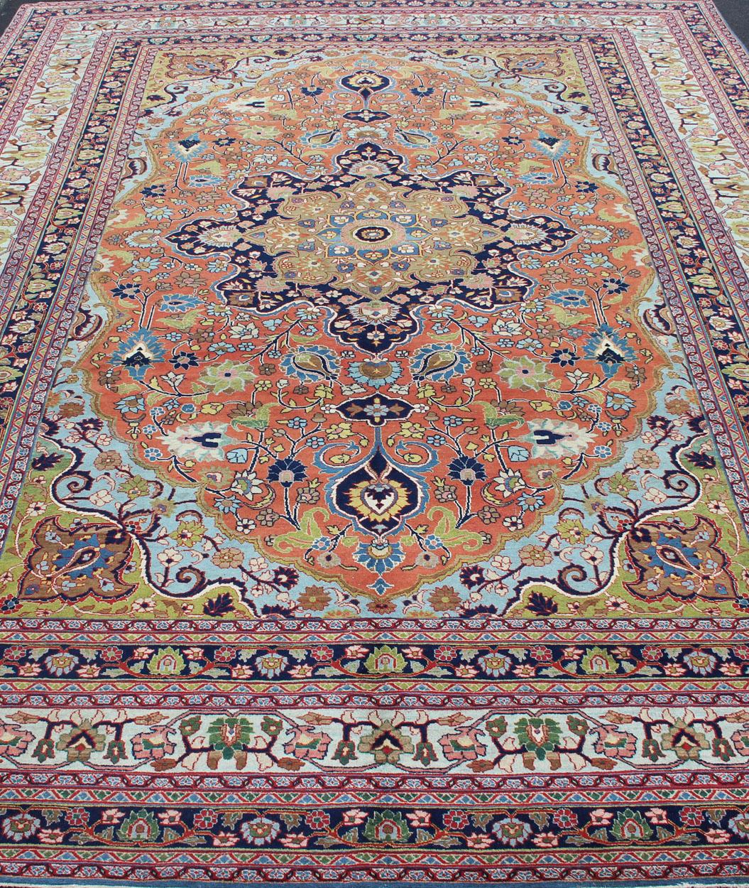 Antique Fine Persian Classic Design Tabriz Rug in Orange, Blue & Multi Colors For Sale 9