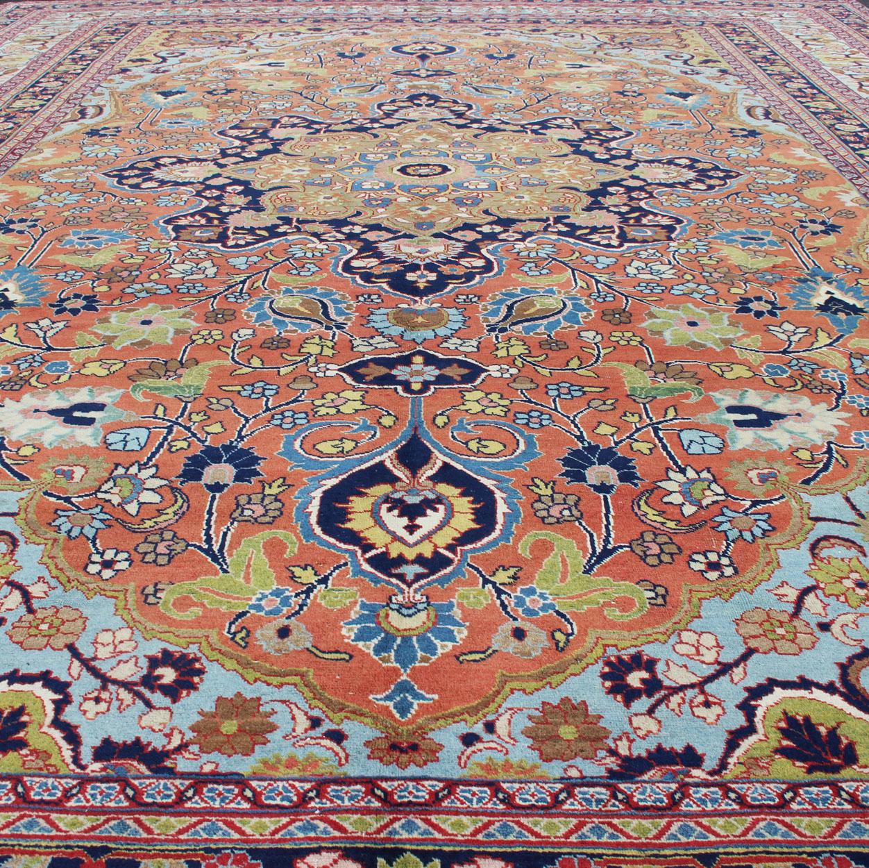 Antique Fine Persian Classic Design Tabriz Rug in Orange, Blue & Multi Colors For Sale 10