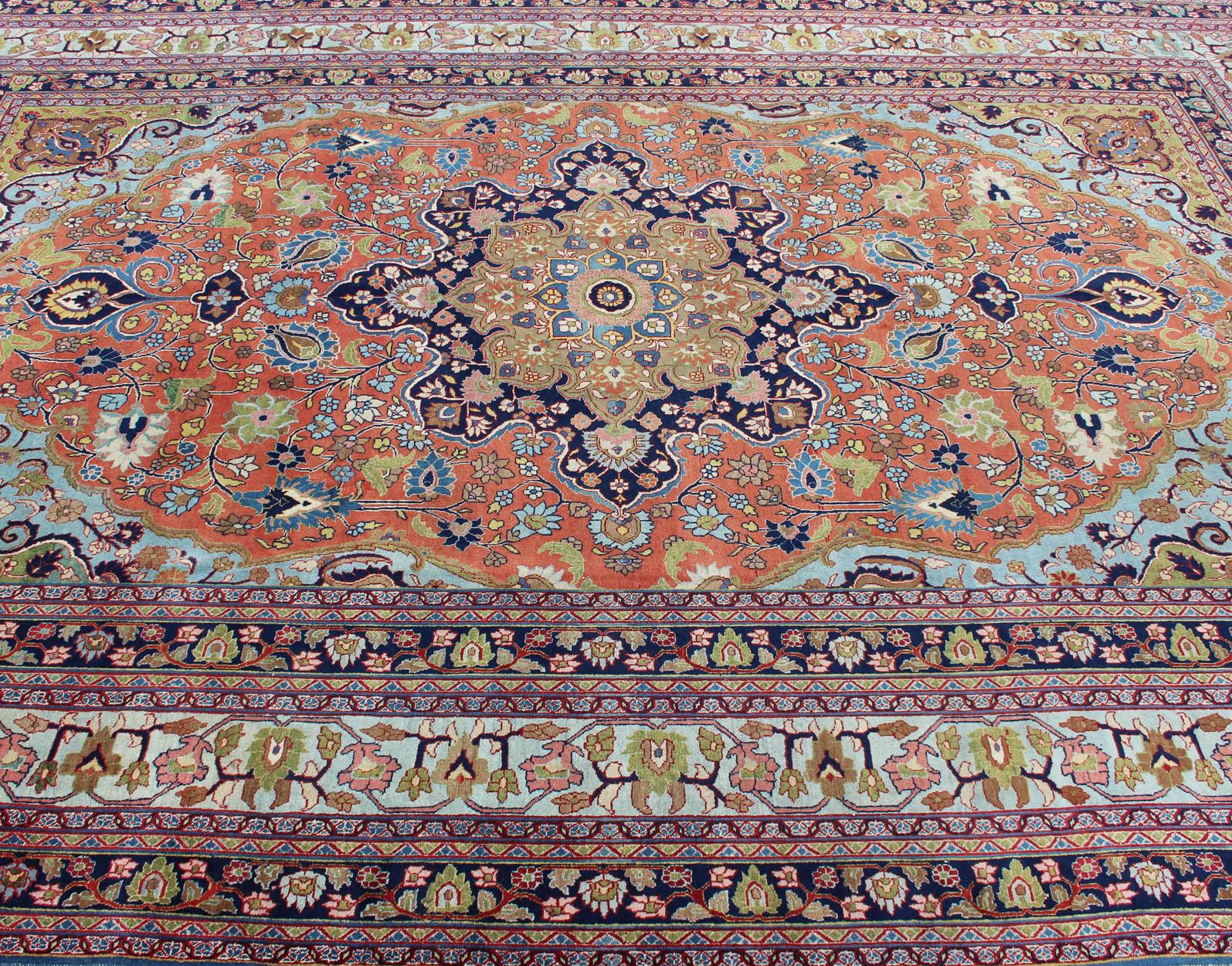 Antique Fine Persian Classic Design Tabriz Rug in Orange, Blue & Multi Colors For Sale 11