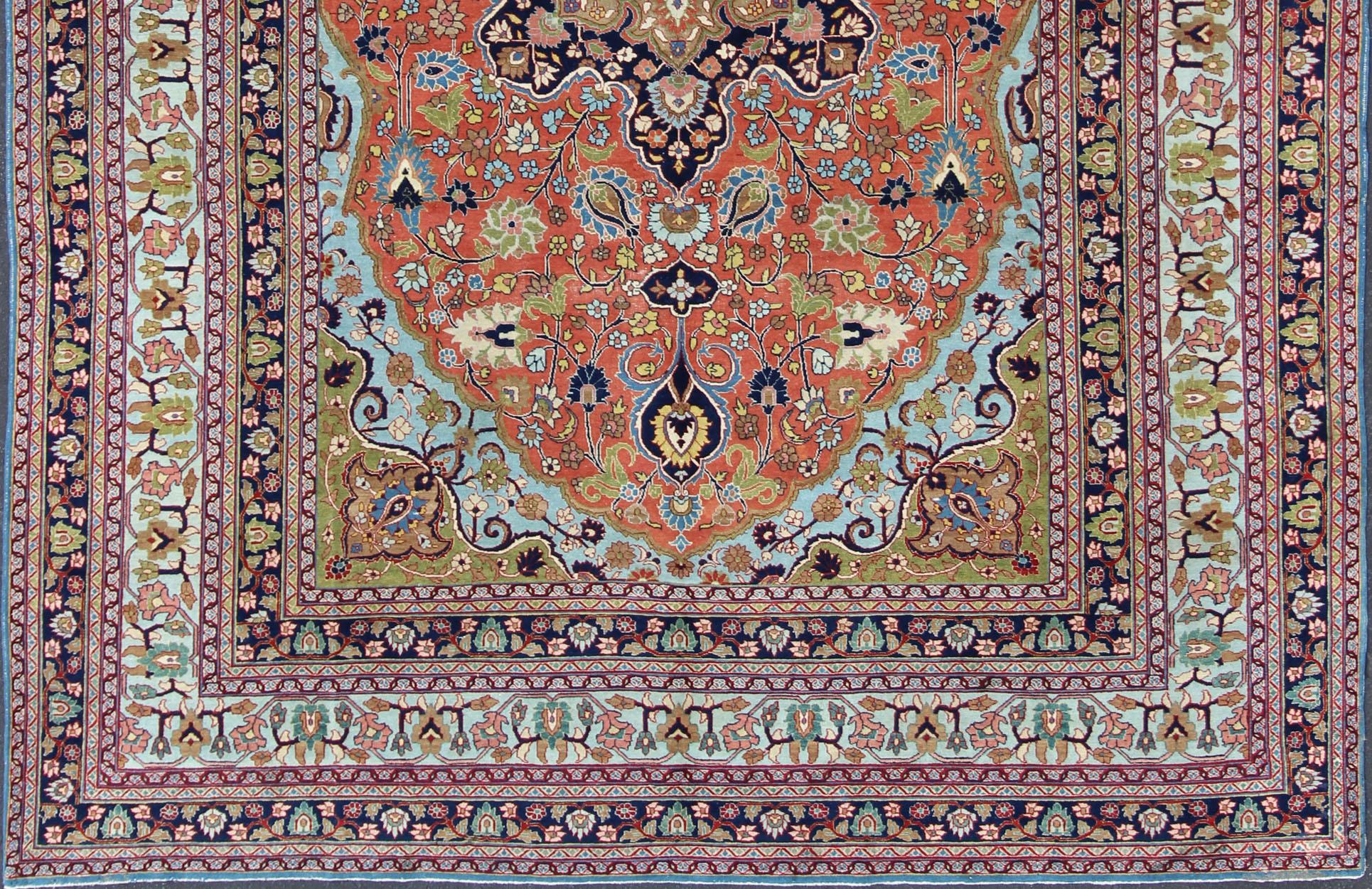 Indonesian Antique Fine Persian Classic Design Tabriz Rug in Orange, Blue & Multi Colors For Sale