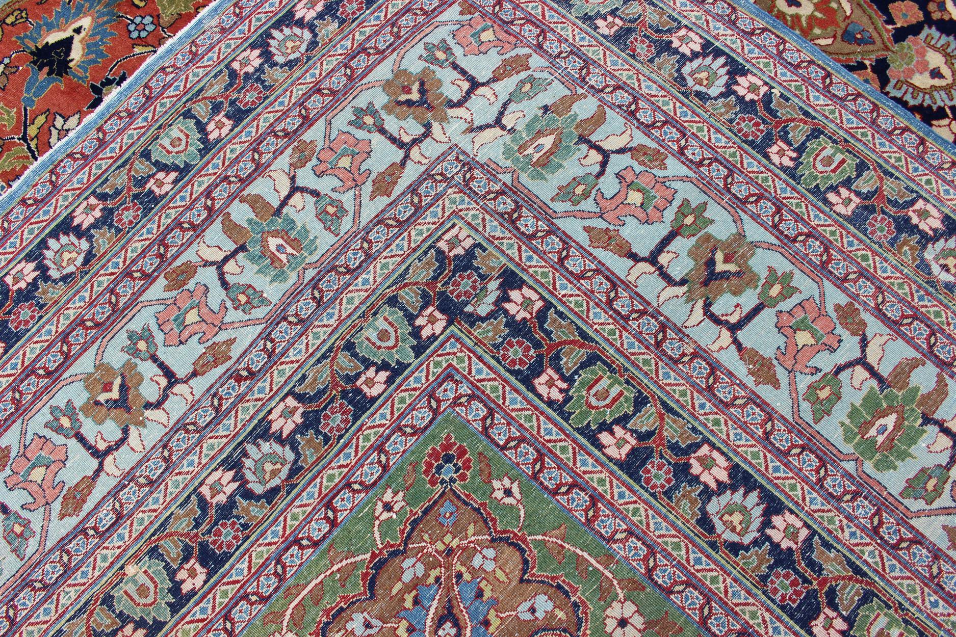 Antique Fine Persian Classic Design Tabriz Rug in Orange, Blue & Multi Colors In Excellent Condition For Sale In Atlanta, GA