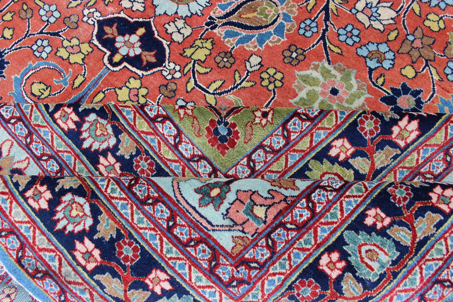 20th Century Antique Fine Persian Classic Design Tabriz Rug in Orange, Blue & Multi Colors For Sale