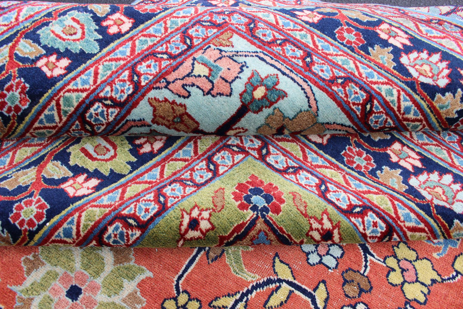 Wool Antique Fine Persian Classic Design Tabriz Rug in Orange, Blue & Multi Colors For Sale