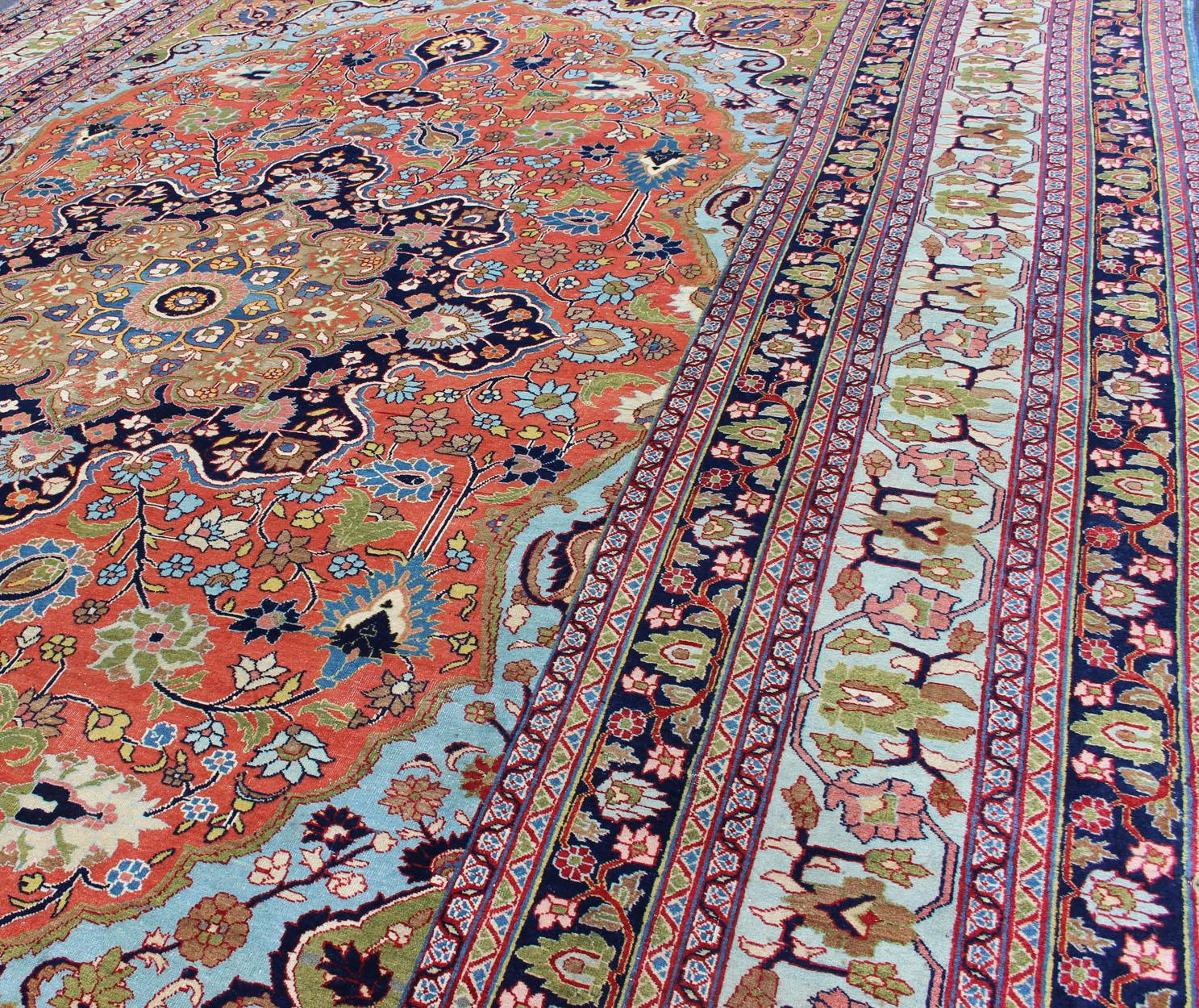 Antique Fine Persian Classic Design Tabriz Rug in Orange, Blue & Multi Colors For Sale 1