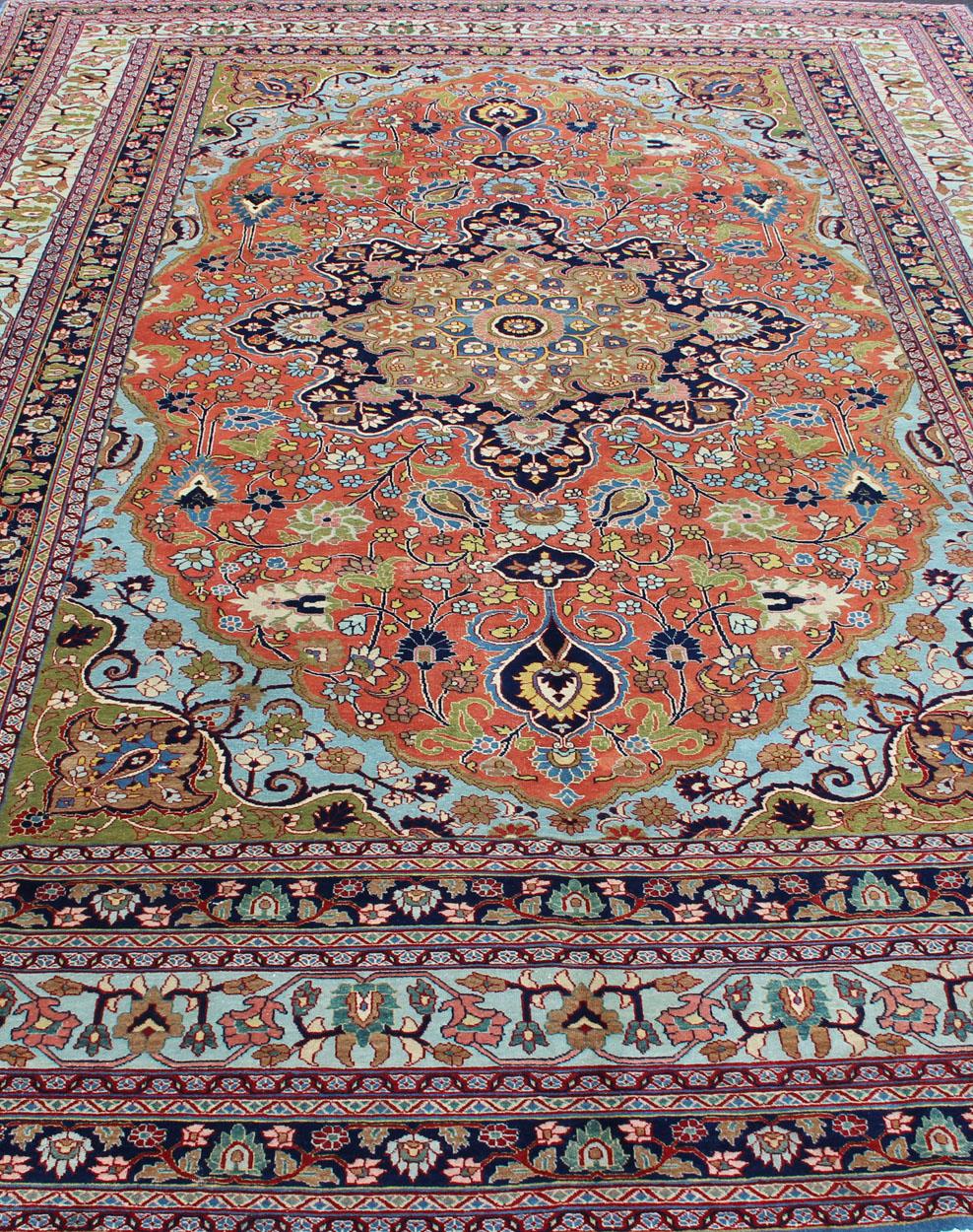 Antique Fine Persian Classic Design Tabriz Rug in Orange, Blue & Multi Colors For Sale 2