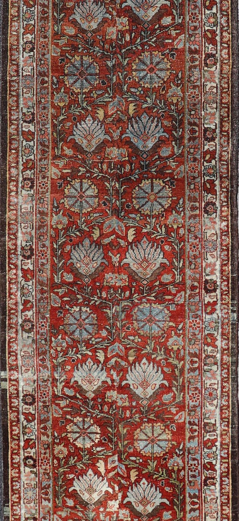 Annodato a mano Antique Tabriz Runner with Medallion's in Rich Rust and Soft Blue 2'9 x 13'5 in vendita