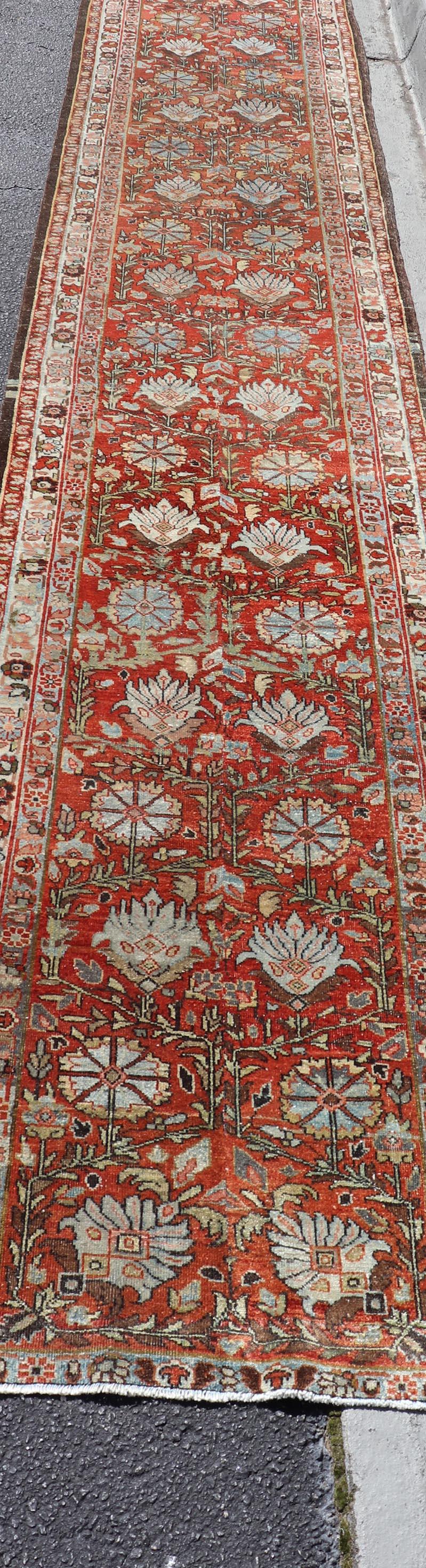 Antique Tabriz Runner with Medallion's in Rich Rust and Soft Blue 2'9 x 13'5 in vendita 1