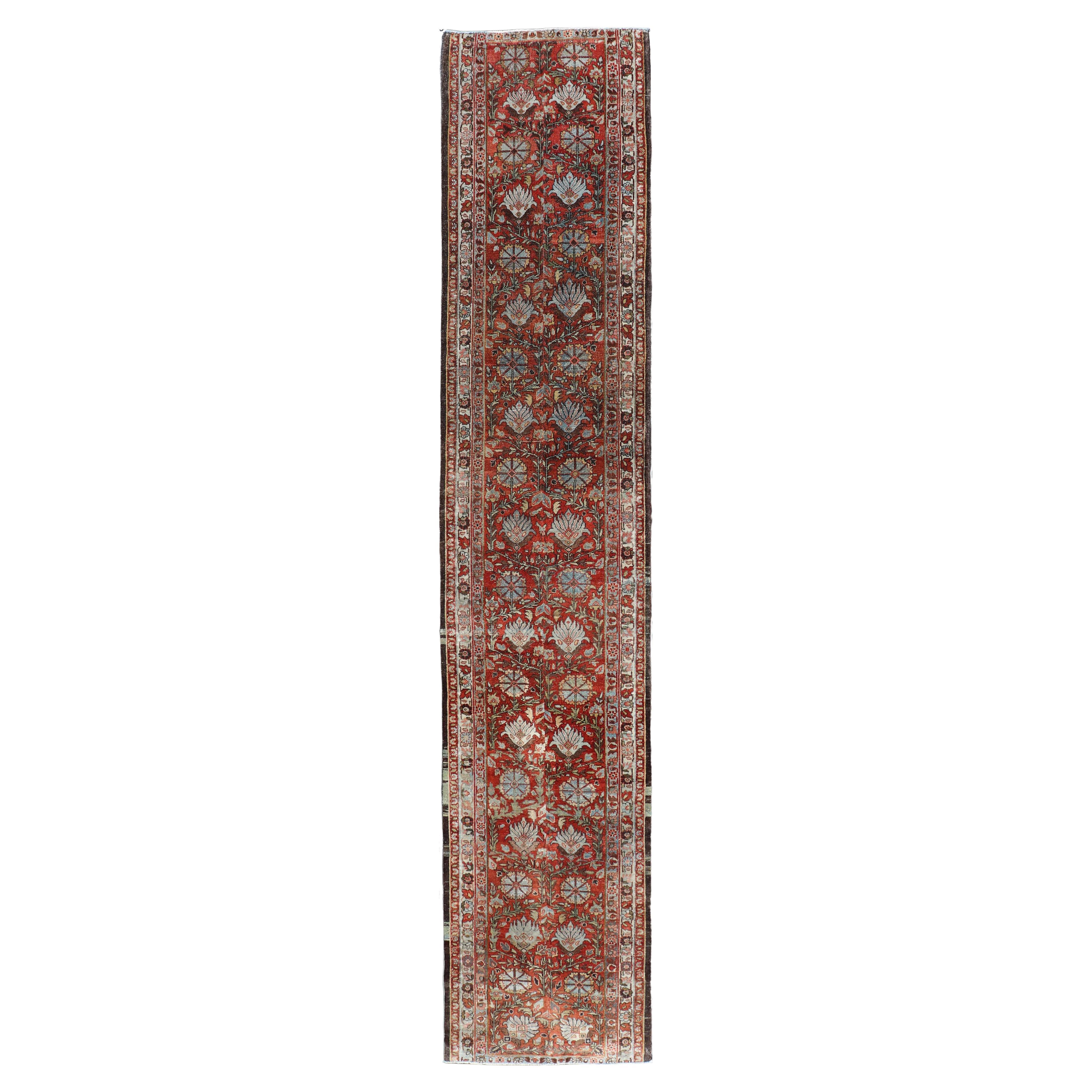 Antique Tabriz Runner with Medallion's in Rich Rust and Soft Blue 2'9 x 13'5 in vendita