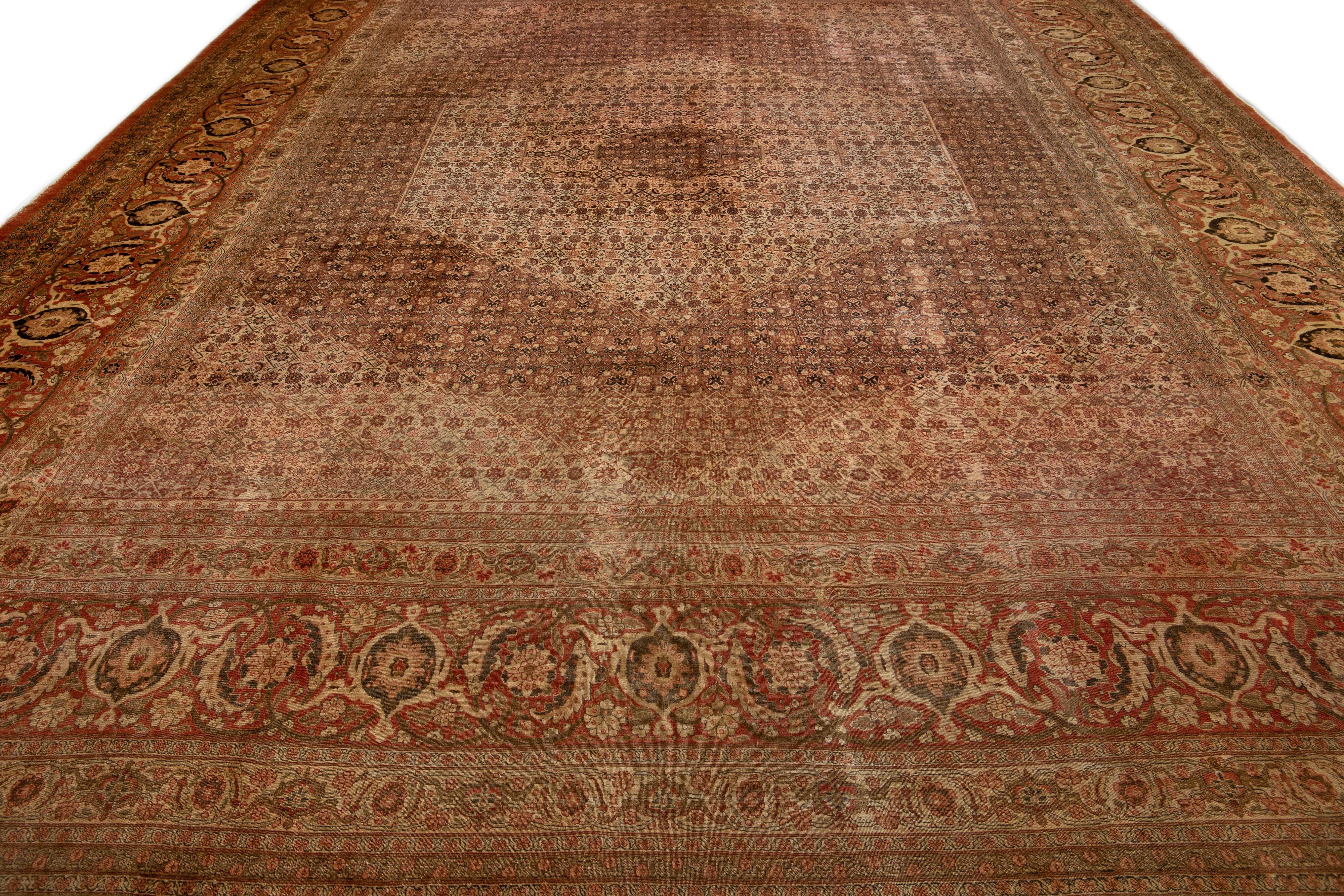 Hand-Knotted Antique Tabriz Rust Handmade Persian Oversize Wool Rug With Medallion Design For Sale