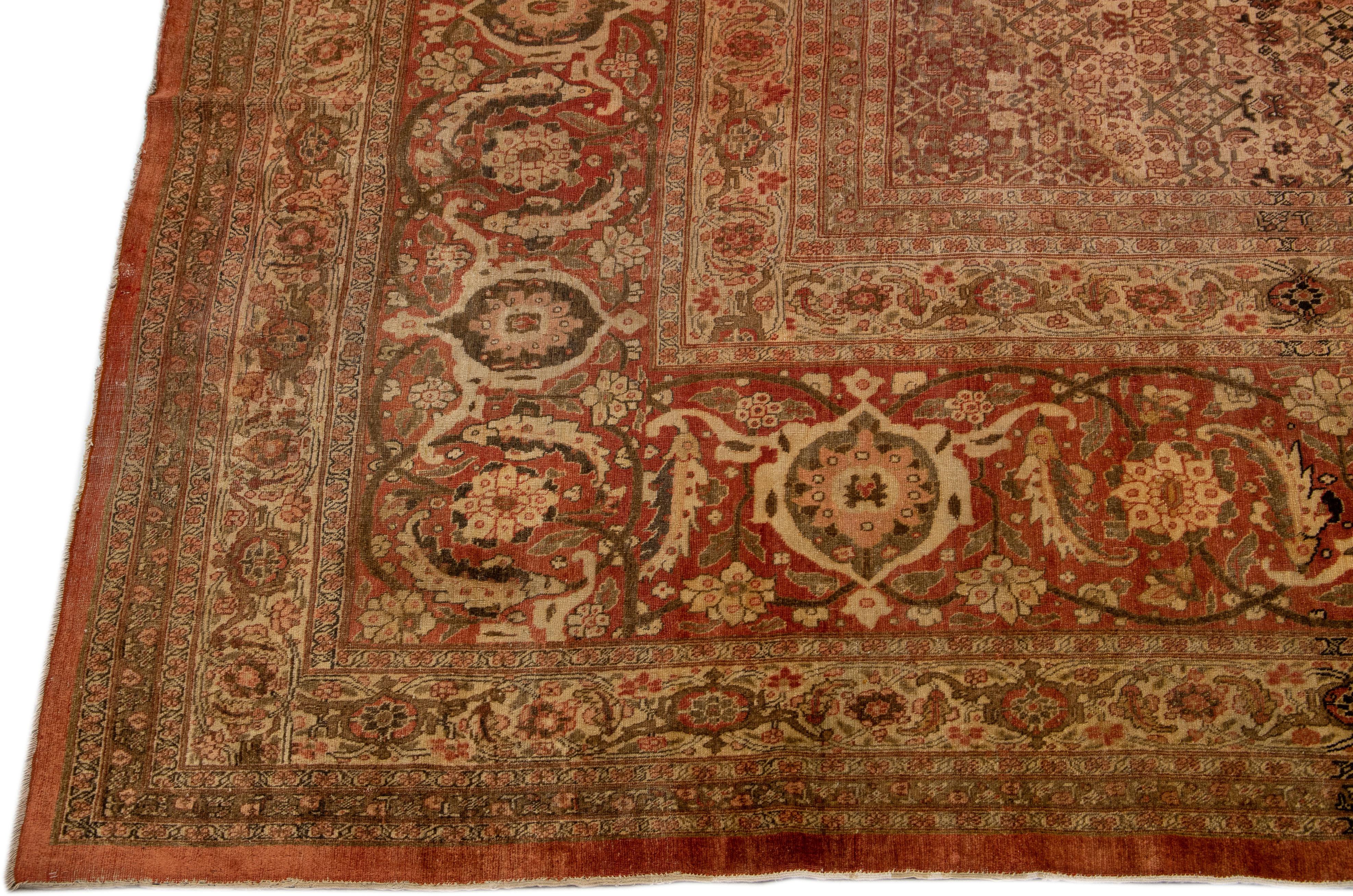 Antique Tabriz Rust Handmade Persian Oversize Wool Rug With Medallion Design In Excellent Condition For Sale In Norwalk, CT
