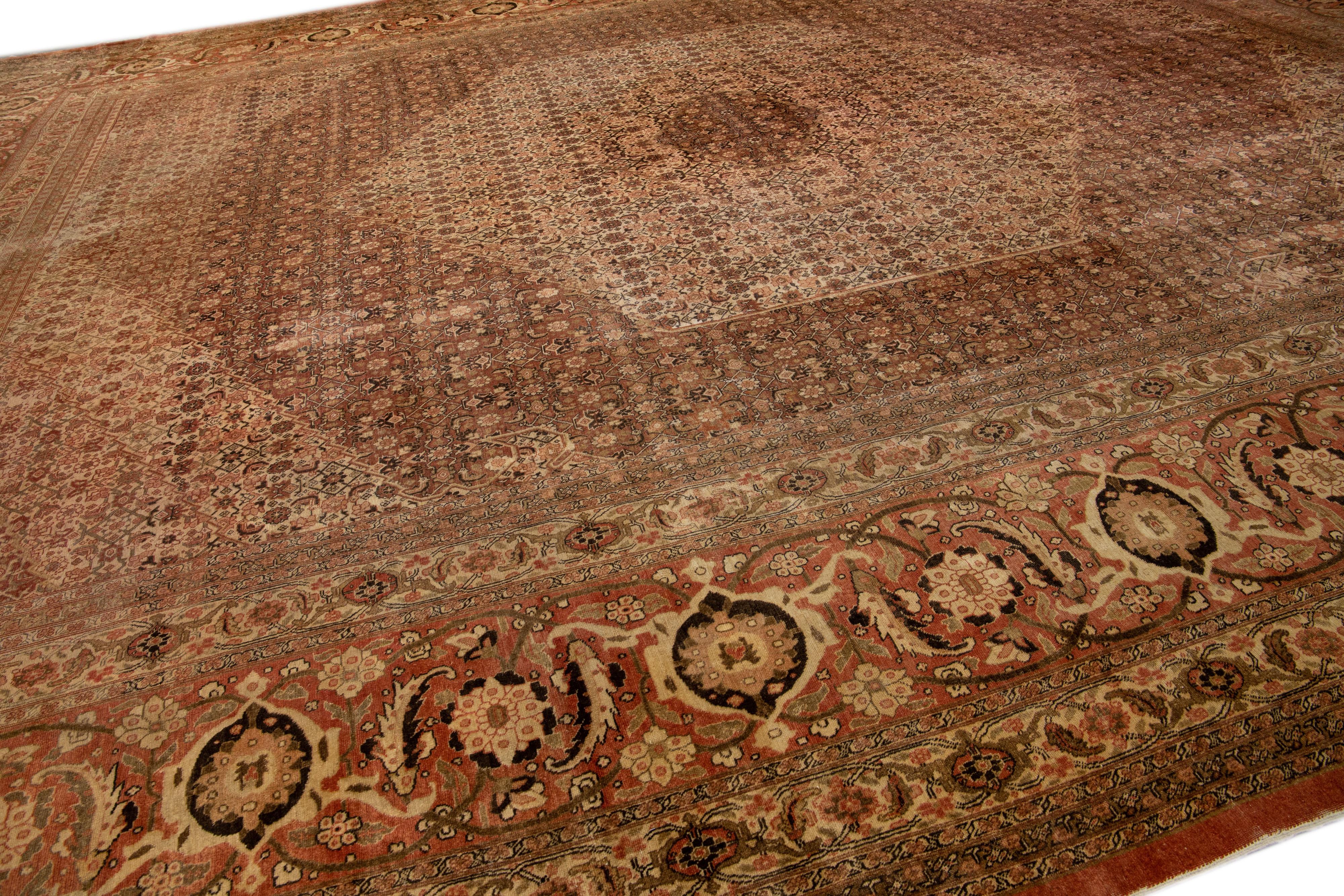 Antique Tabriz Rust Handmade Persian Oversize Wool Rug With Medallion Design For Sale 1