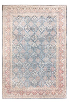 Antique Tabriz Style Rug with Allover Floral Lattice in Soft Blue and Coral