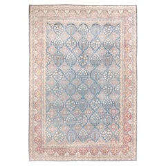Antique Tabriz Style Rug with Allover Floral Lattice in Soft Blue and Coral