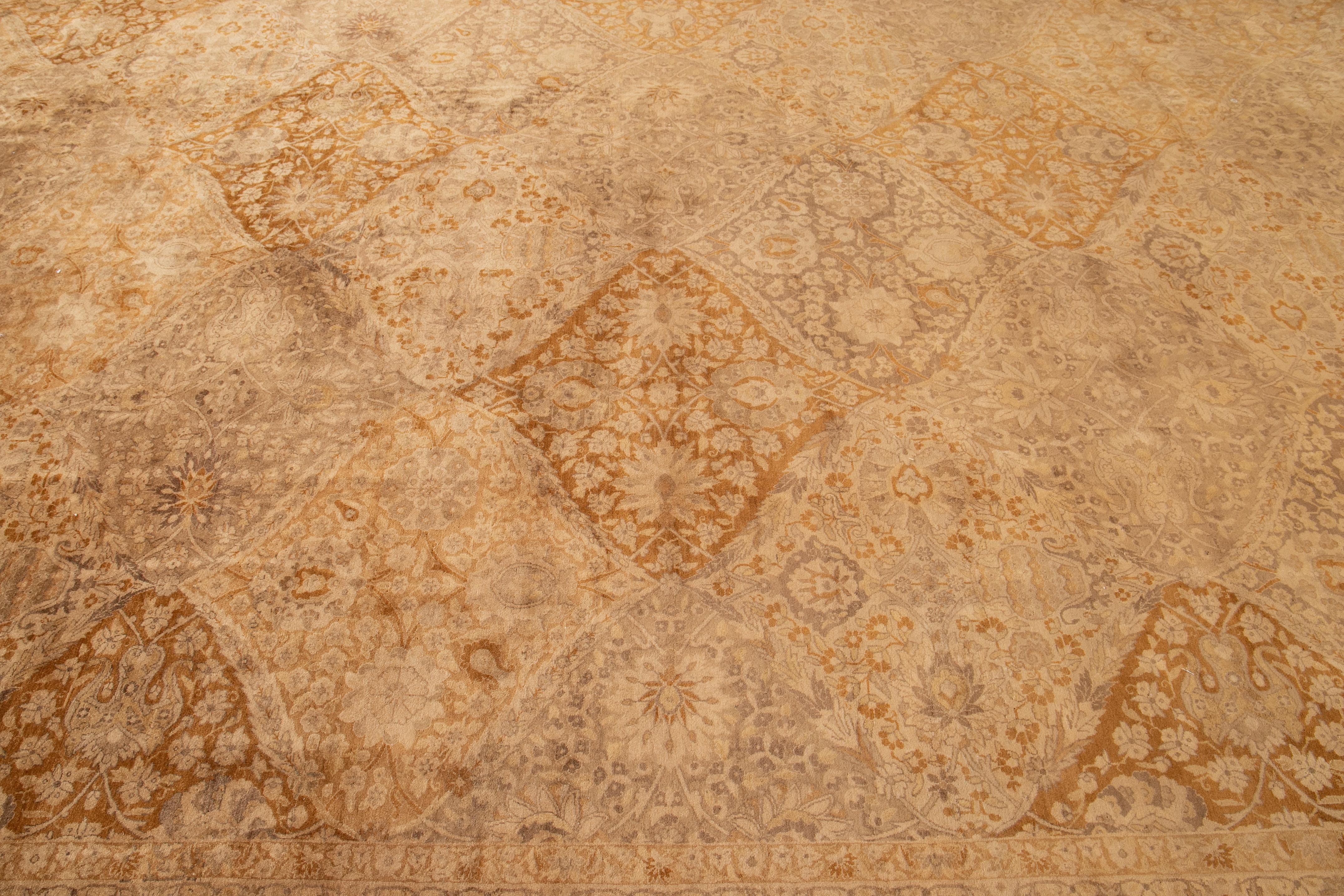 Hand-Knotted Antique Tabriz Tan Handmade Floral Persian Oversize Wool Rug For Sale