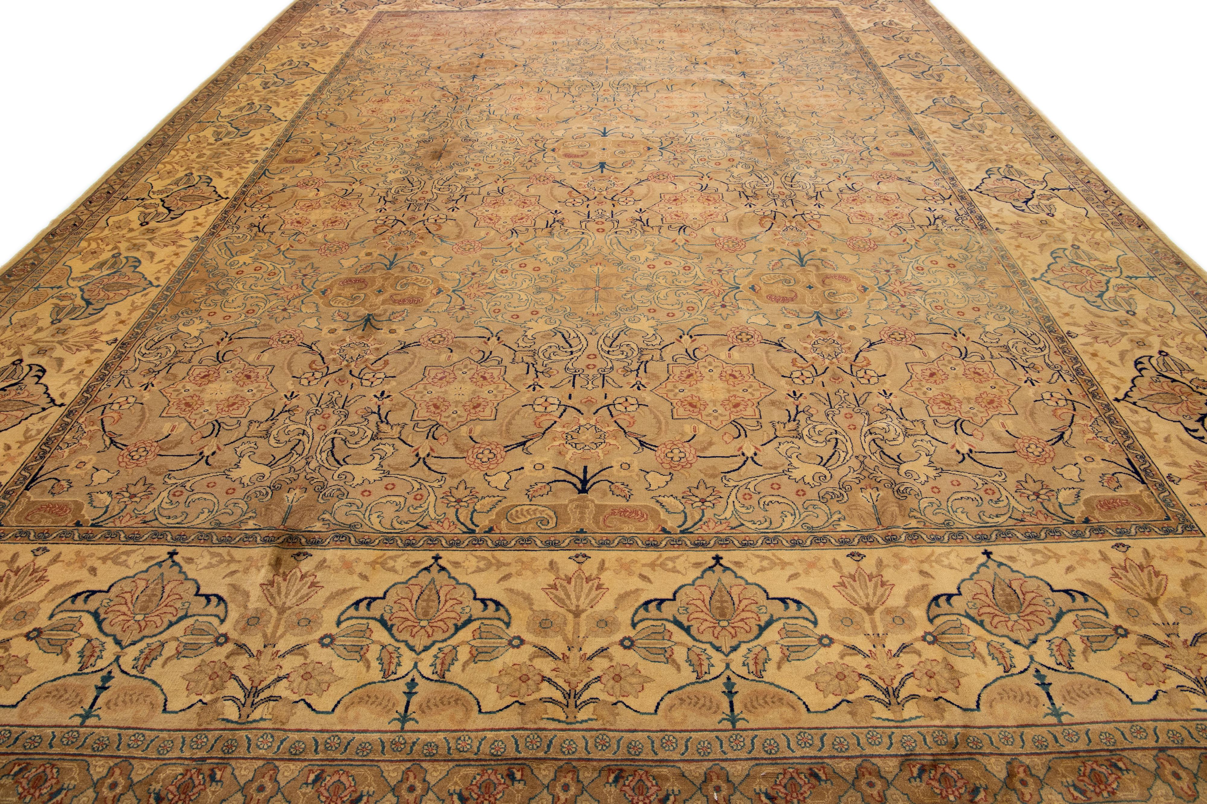 Hand-Knotted Antique Tabriz Tan Handmade Rosette Designed Oversize Persian Wool Rug For Sale
