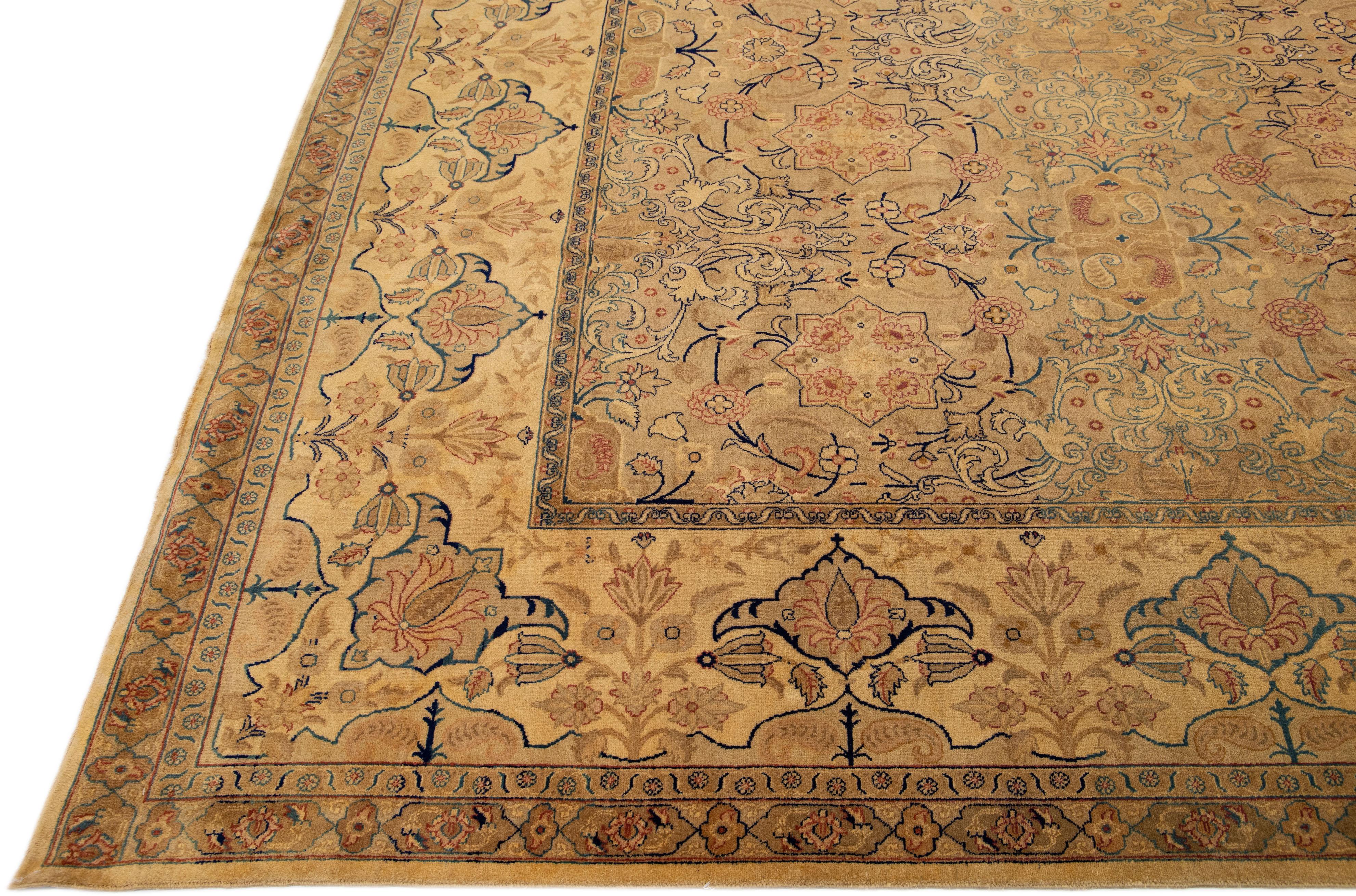 Antique Tabriz Tan Handmade Rosette Designed Oversize Persian Wool Rug In Excellent Condition For Sale In Norwalk, CT