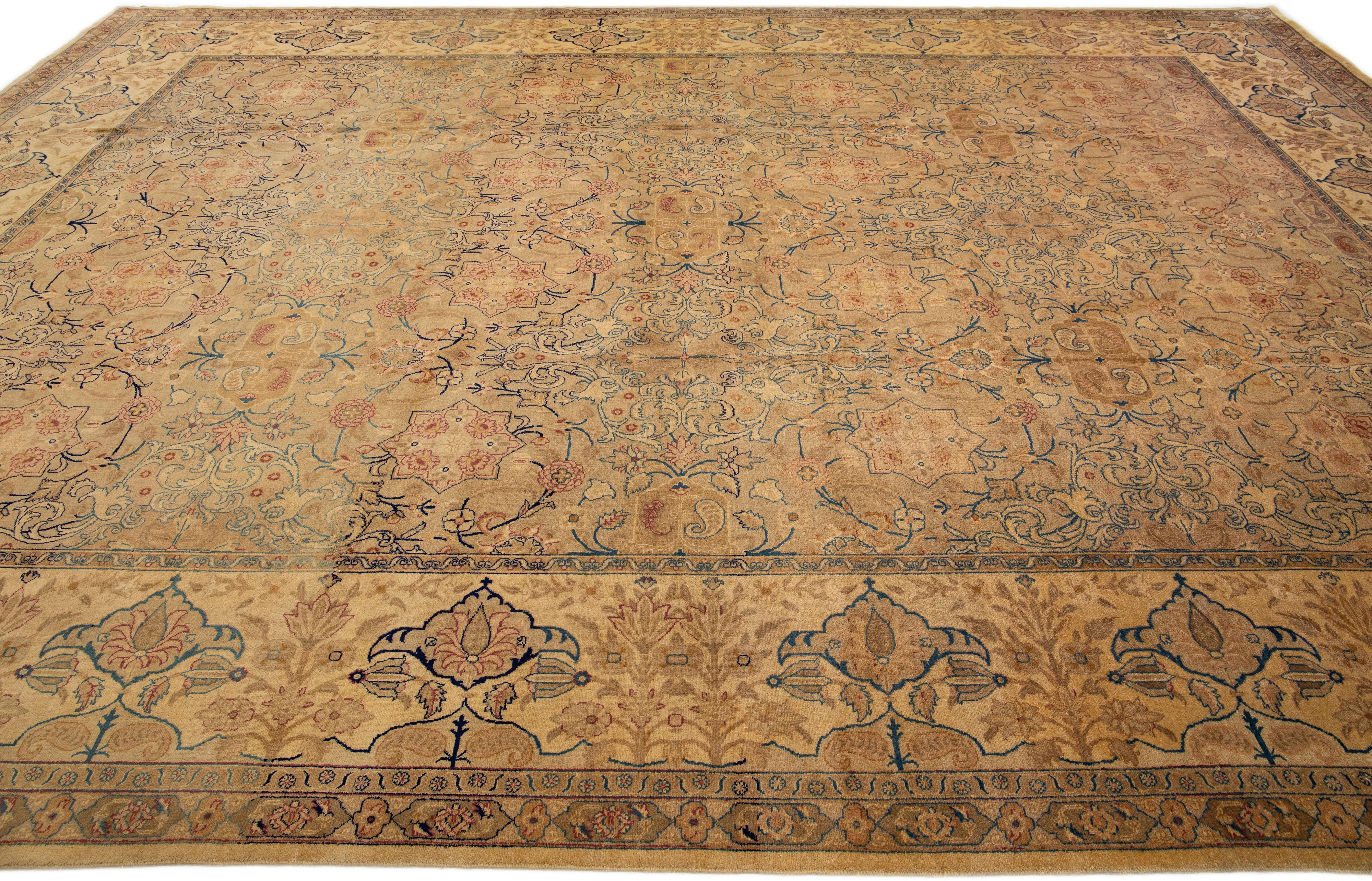 20th Century Antique Tabriz Tan Handmade Rosette Designed Oversize Persian Wool Rug For Sale