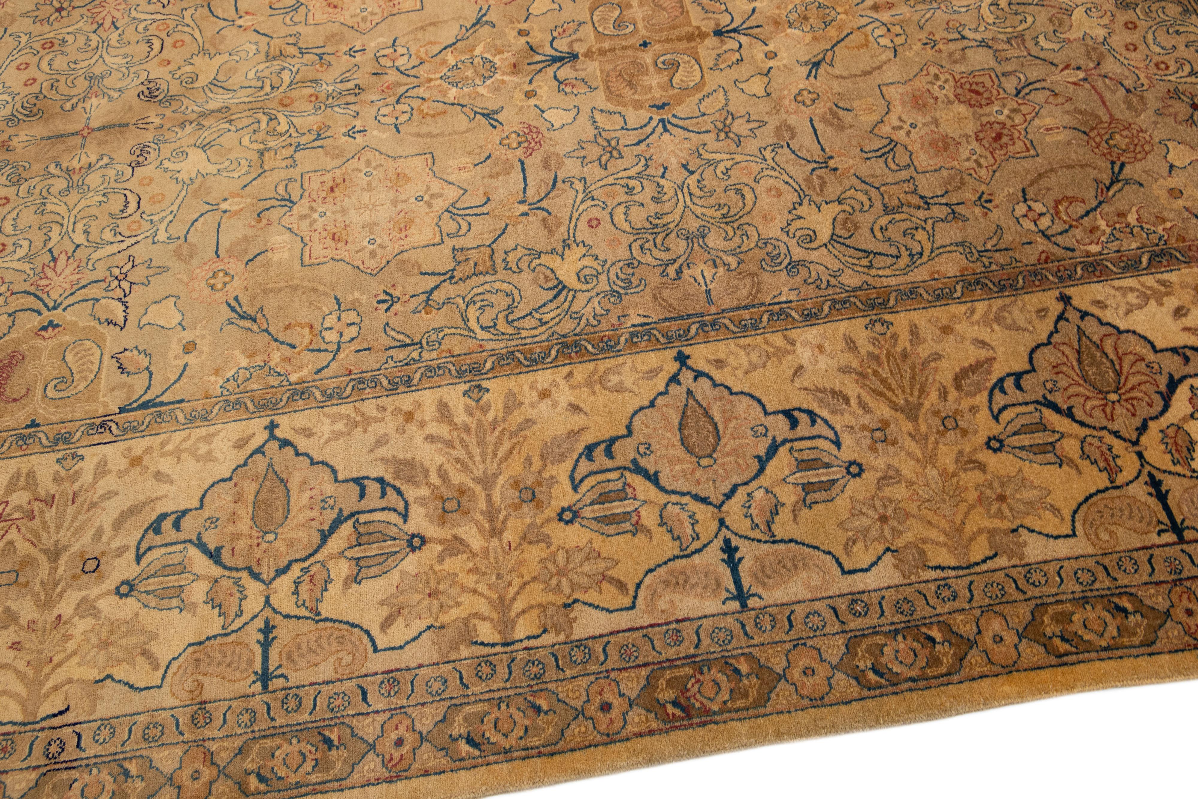 Antique Tabriz Tan Handmade Rosette Designed Oversize Persian Wool Rug For Sale 1