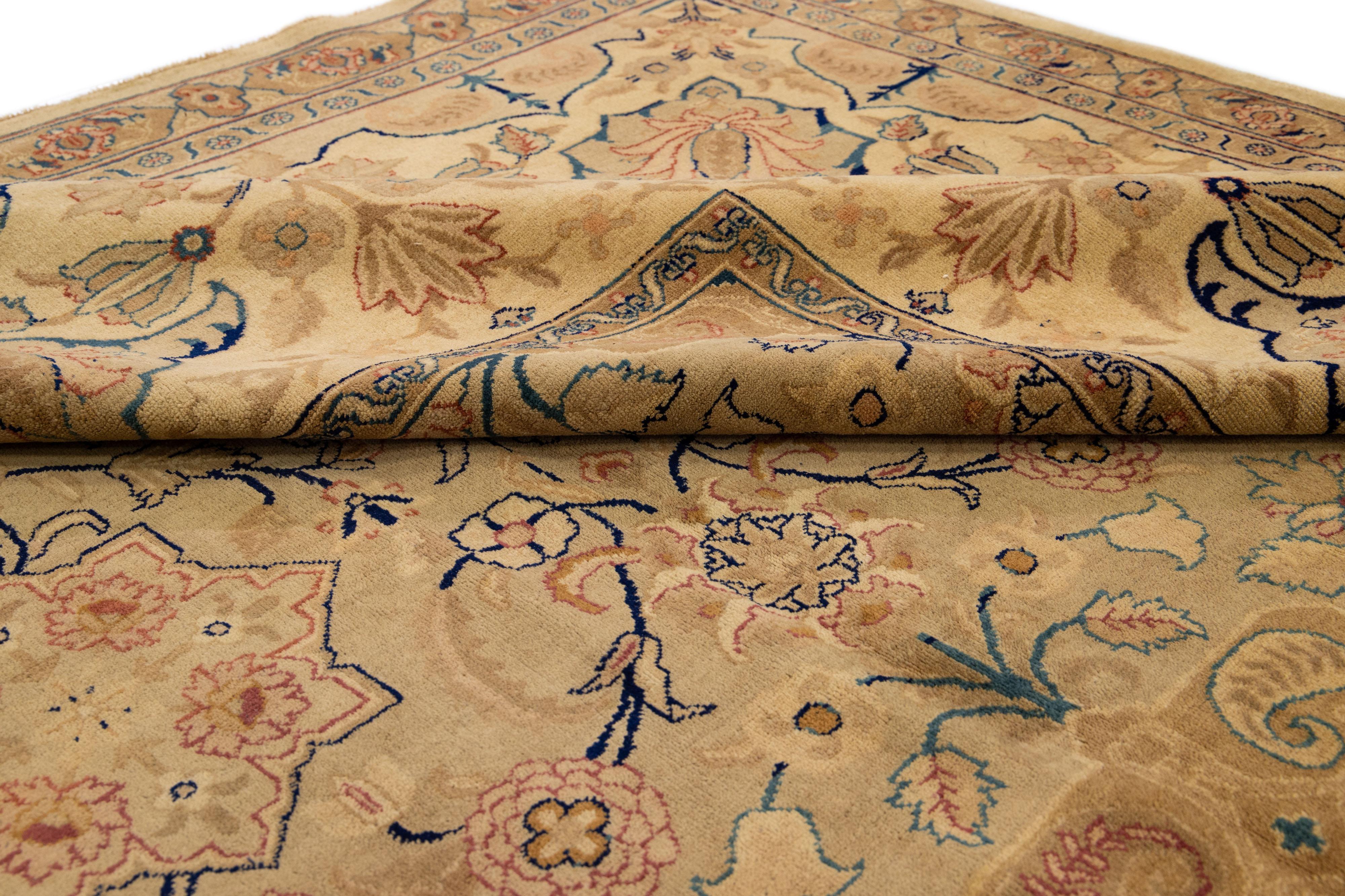 Antique Tabriz Tan Handmade Rosette Designed Oversize Persian Wool Rug For Sale 2