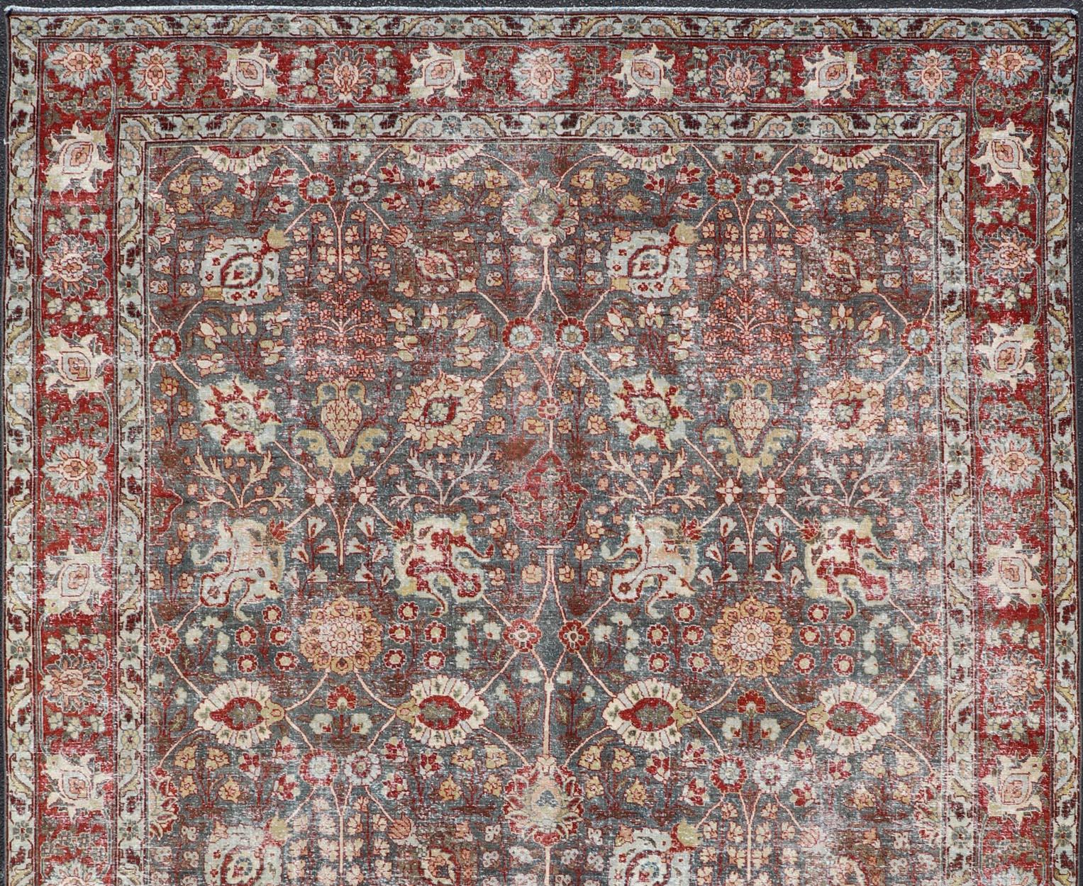 Antique Tabriz with All-Over Floral Sub-Geometric Design In Charcoal and Red For Sale 3
