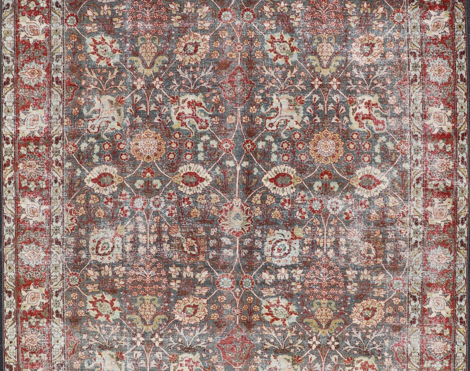 Antique Tabriz with All-Over Floral Sub-Geometric Design In Charcoal and Red For Sale 4