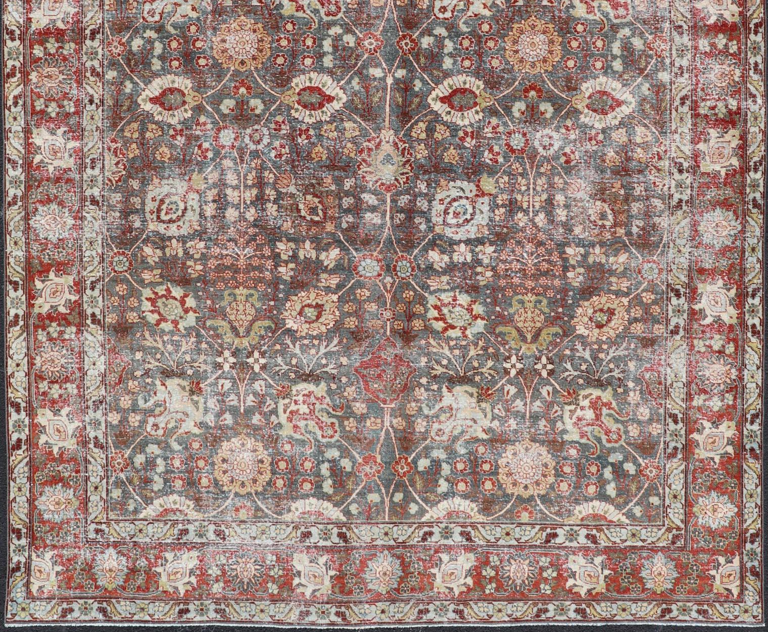 Antique Tabriz with All-Over Floral Sub-Geometric Design In Charcoal and Red For Sale 5
