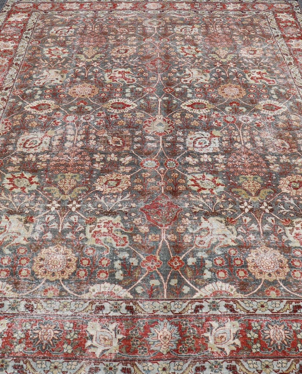 Antique Tabriz with All-Over Floral Sub-Geometric Design In Charcoal and Red For Sale 6