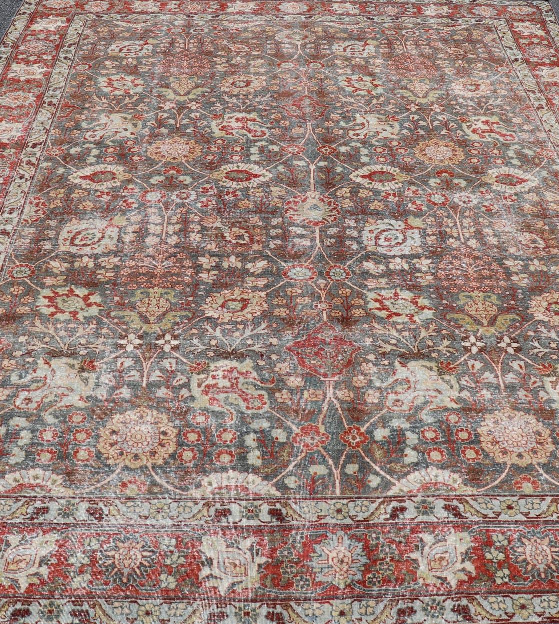 Antique Tabriz with All-Over Floral Sub-Geometric Design In Charcoal and Red For Sale 7