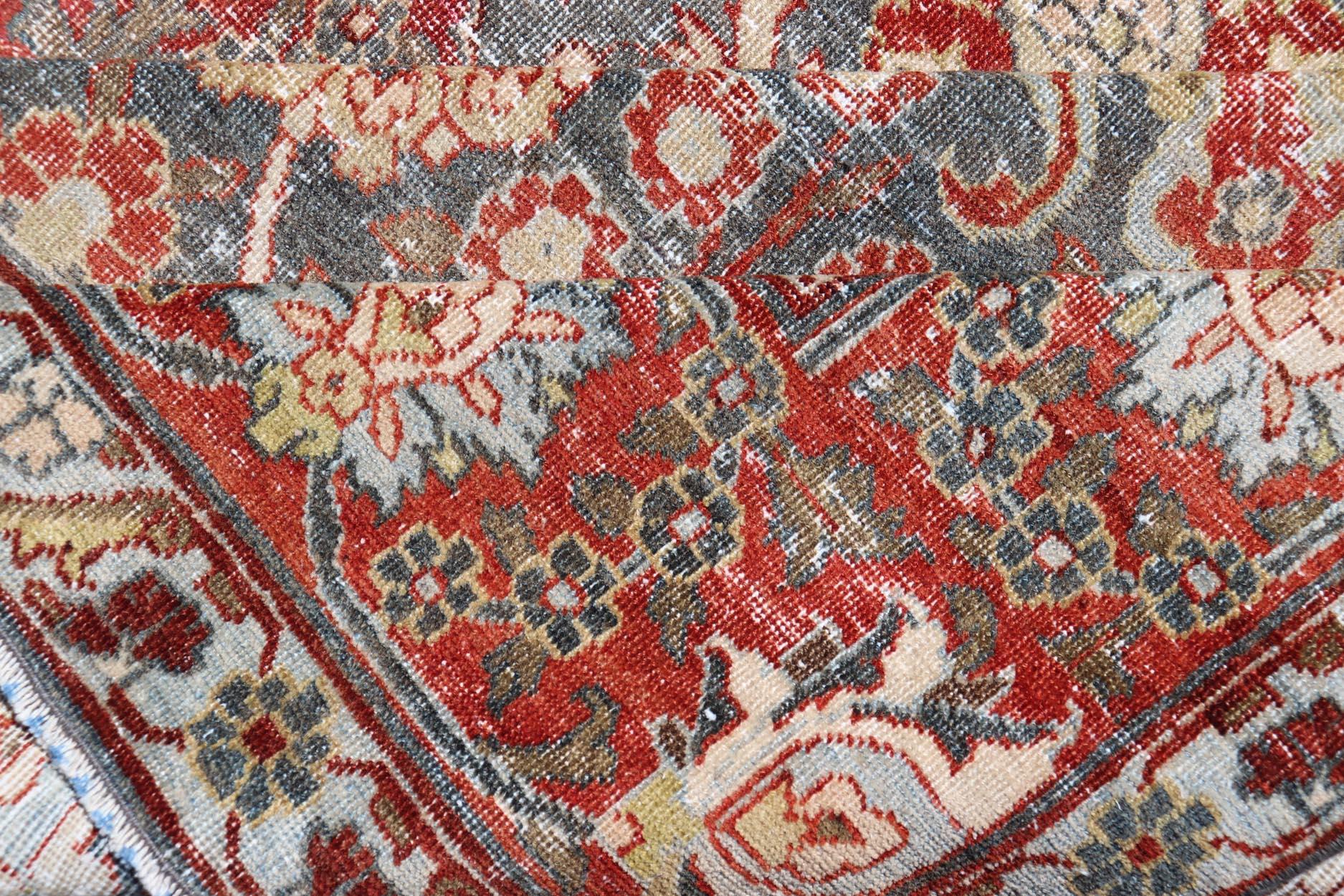 Antique Tabriz with All-Over Floral Sub-Geometric Design In Charcoal and Red For Sale 8