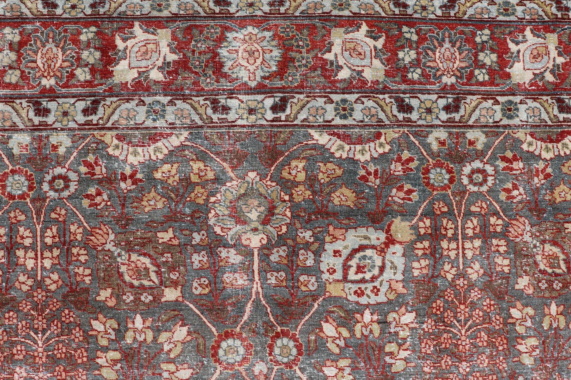 Hand-Knotted Antique Tabriz with All-Over Floral Sub-Geometric Design In Charcoal and Red For Sale