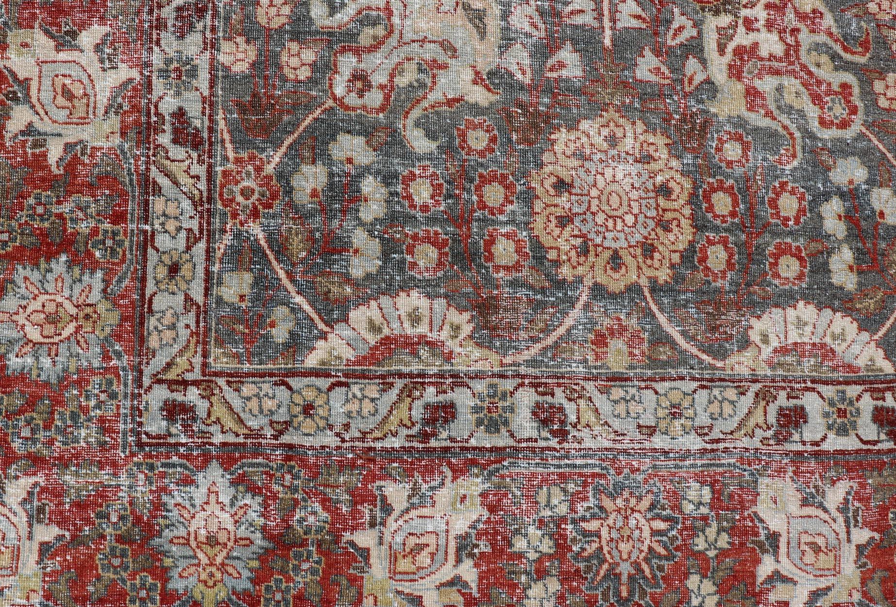20th Century Antique Tabriz with All-Over Floral Sub-Geometric Design In Charcoal and Red For Sale