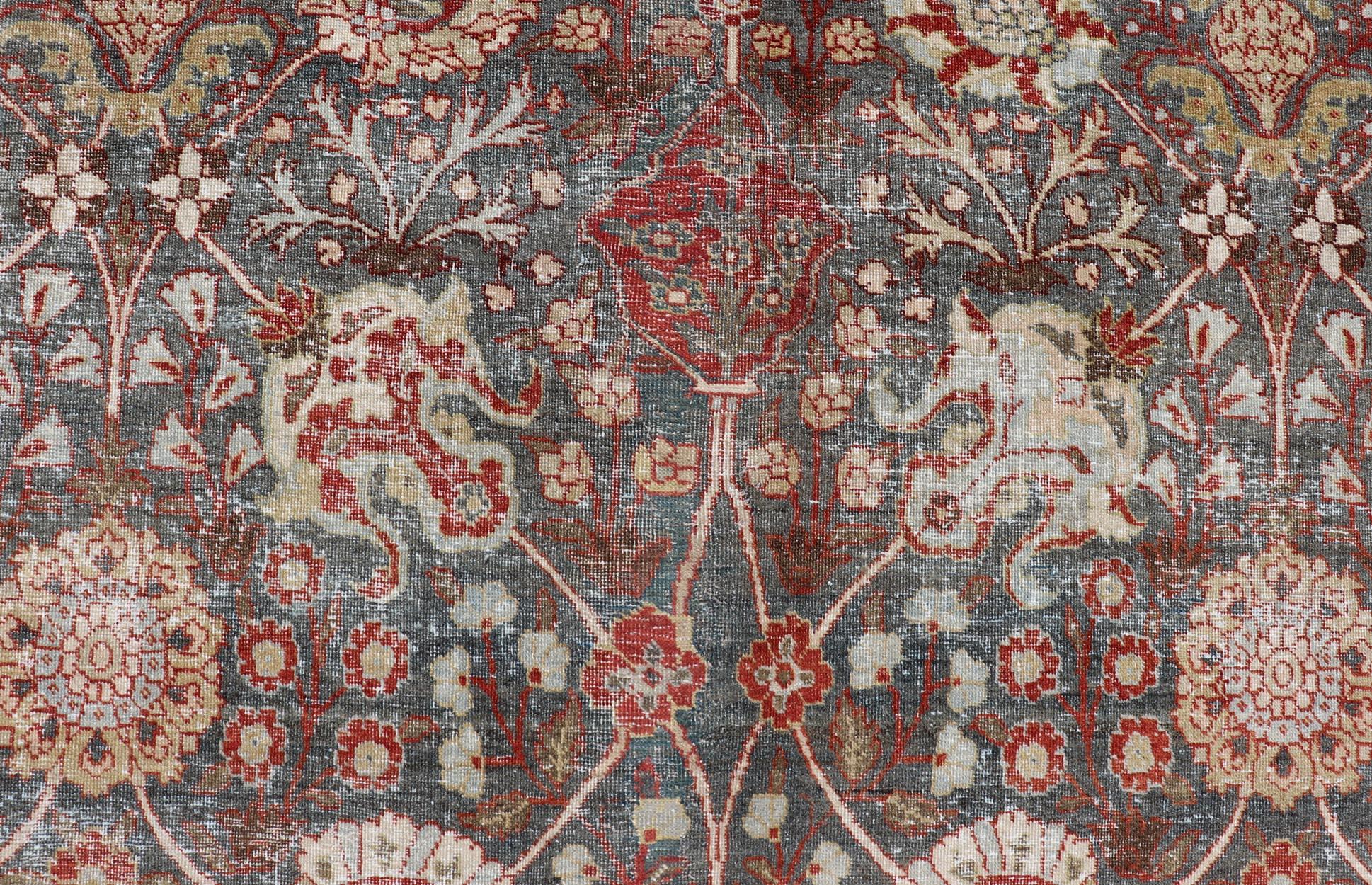 Wool Antique Tabriz with All-Over Floral Sub-Geometric Design In Charcoal and Red For Sale