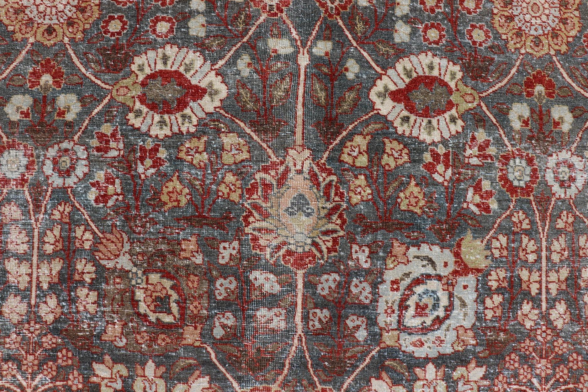 Antique Tabriz with All-Over Floral Sub-Geometric Design In Charcoal and Red For Sale 2