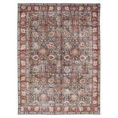 Antique Tabriz with All-Over Floral Sub-Geometric Design In Charcoal and Red
