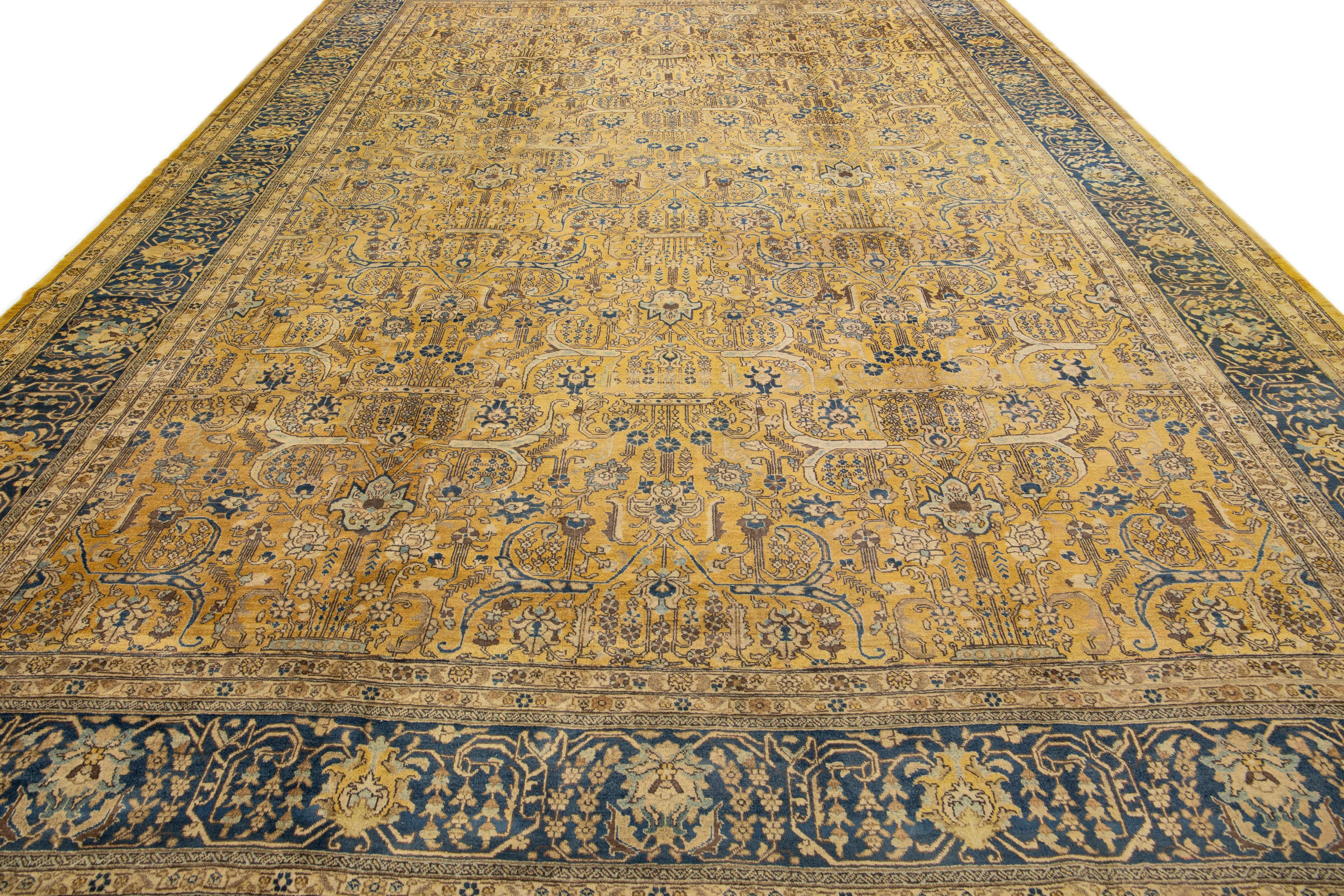 Hand-Knotted Antique Tabriz Yellow Handmade Allover Floral Persian Wool Rug For Sale
