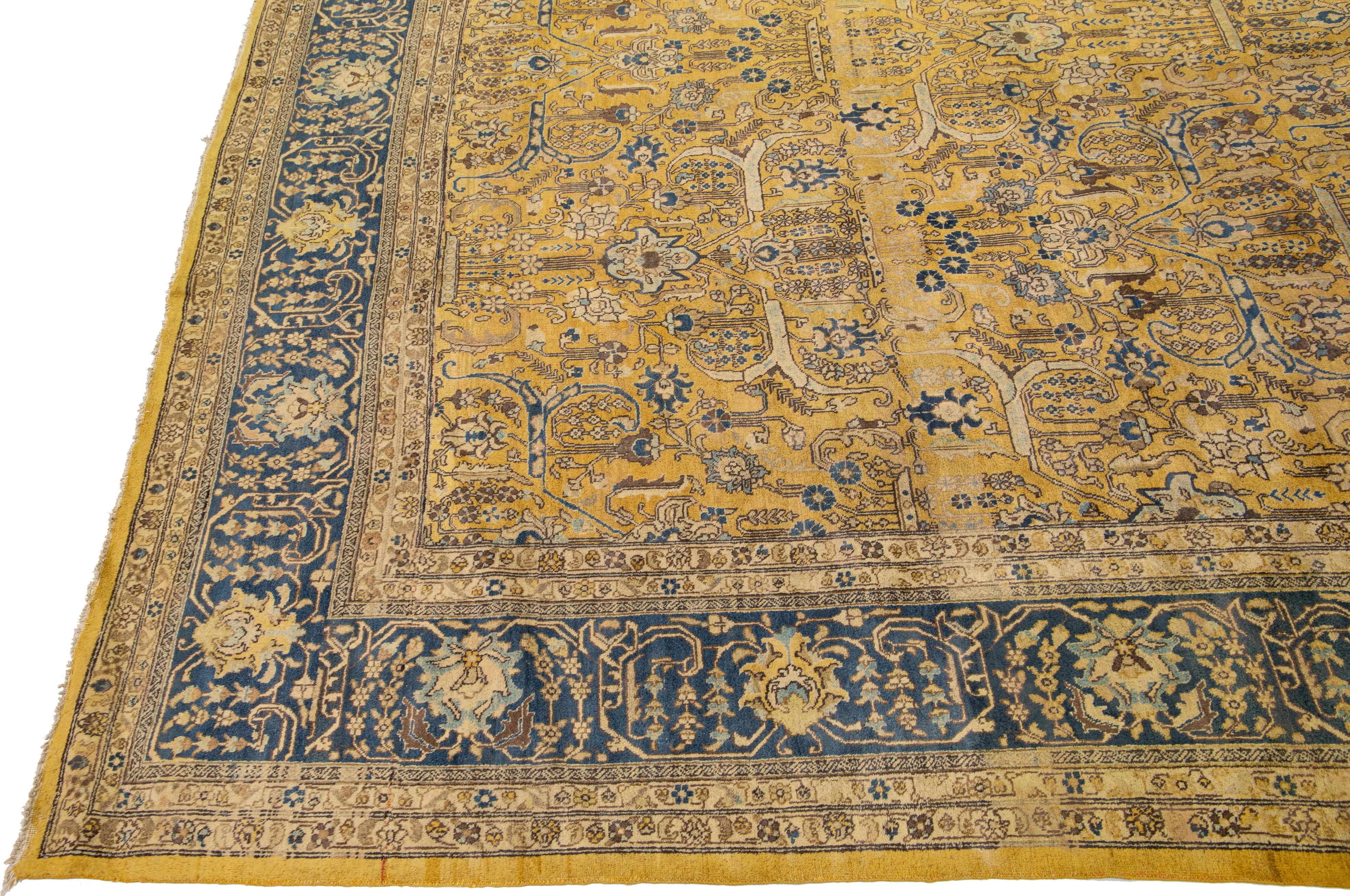 Antique Tabriz Yellow Handmade Allover Floral Persian Wool Rug In Good Condition For Sale In Norwalk, CT